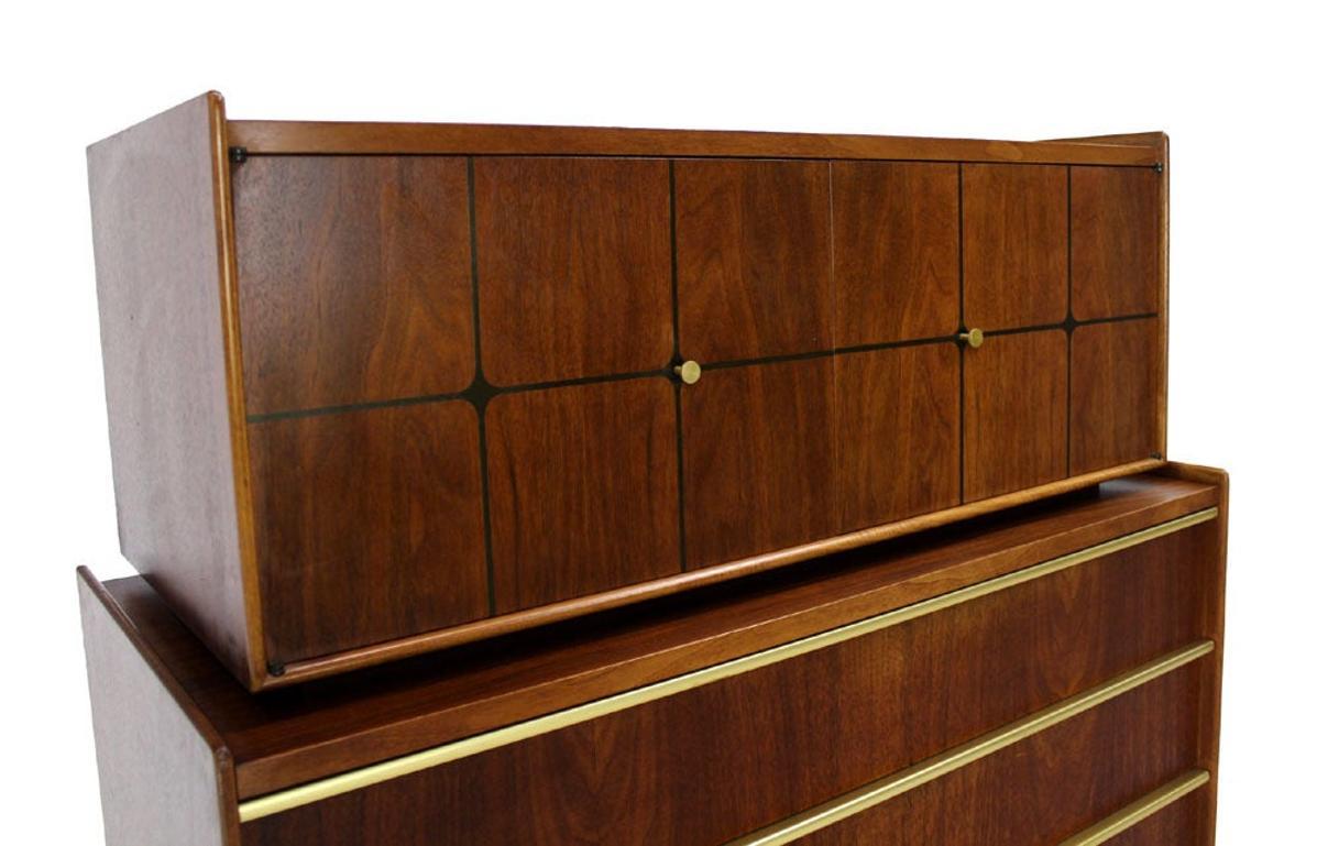 Mid-Century Modern Edmond Spence Walnut  Brass Two Part High Gentleman's Chest Dresser Cabinet MINT For Sale
