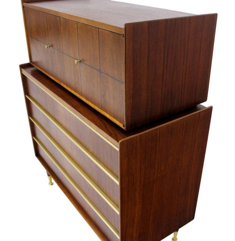 Lacquered Edmond Spence Walnut  Brass Two Part High Gentleman's Chest Dresser Cabinet MINT For Sale