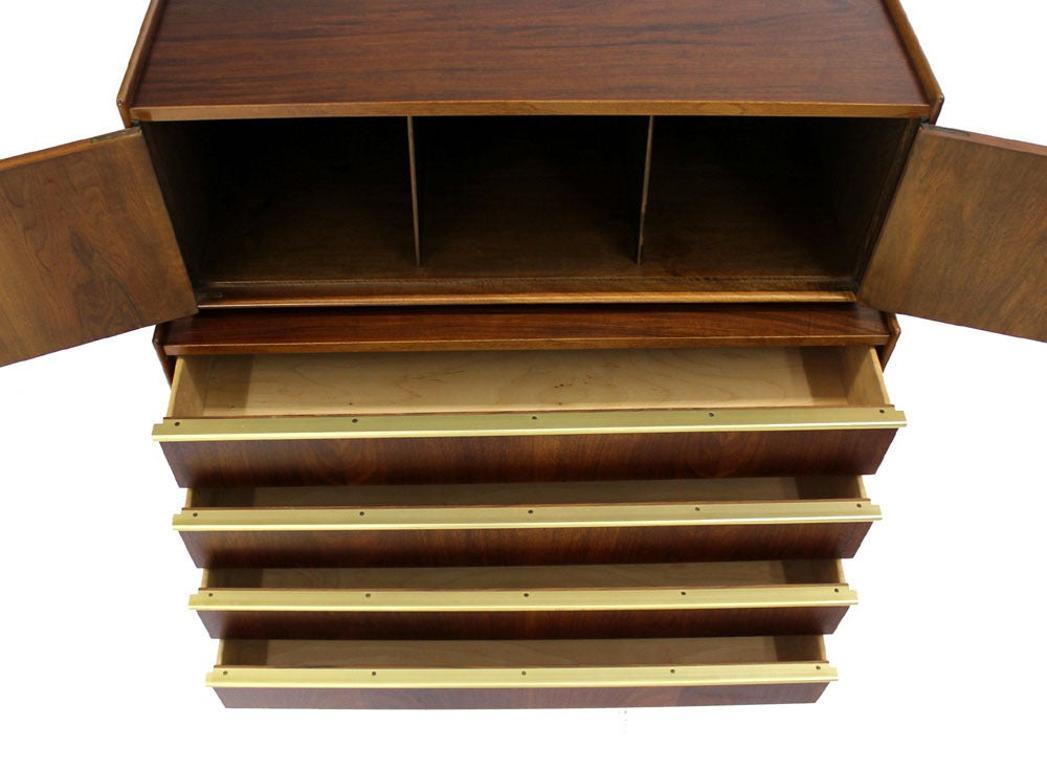 Edmond Spence Walnut  Brass Two Part High Gentleman's Chest Dresser Cabinet MINT In Excellent Condition For Sale In Rockaway, NJ