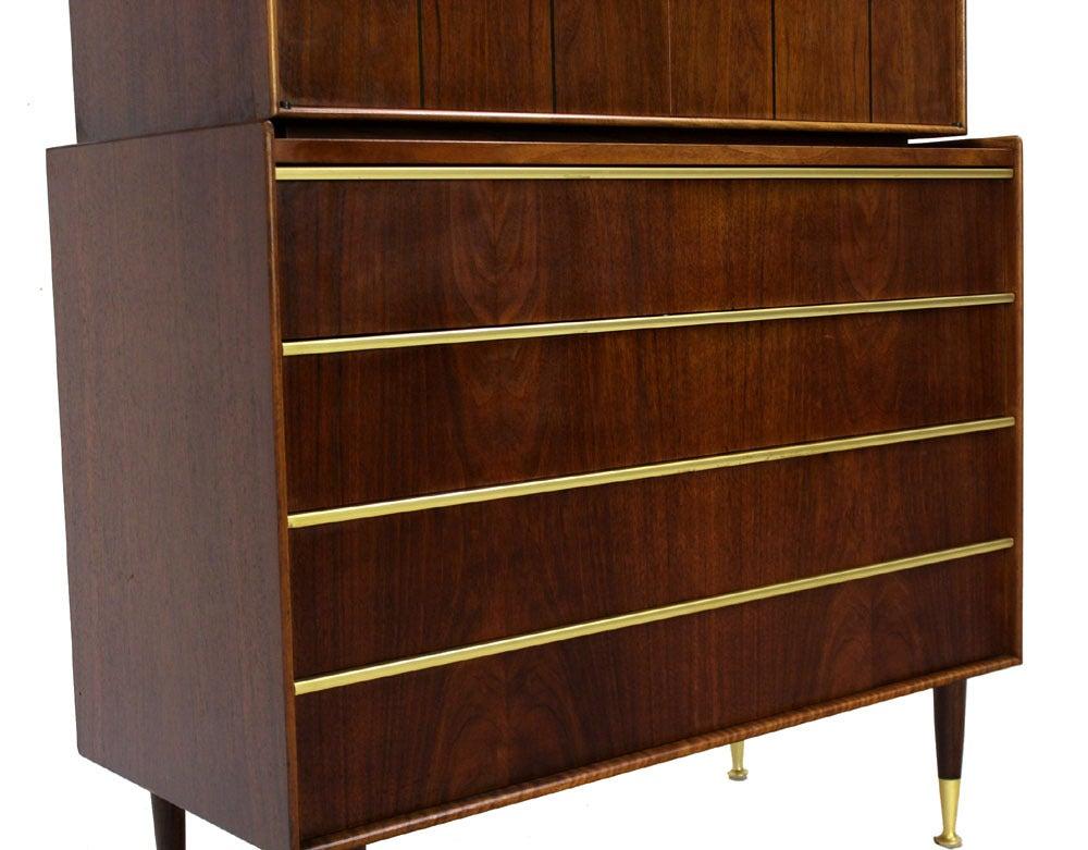 Mid-20th Century Edmond Spence Walnut  Brass Two Part High Gentleman's Chest Dresser Cabinet MINT For Sale