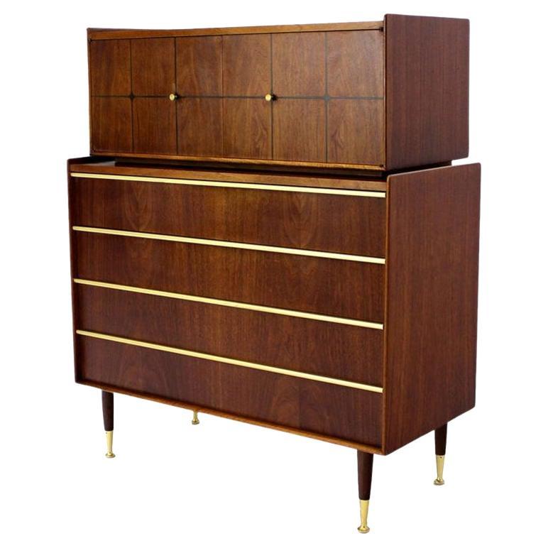 Edmond Spence Walnut  Brass Two Part High Gentleman's Chest Dresser Cabinet MINT For Sale
