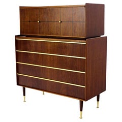 Vintage Edmond Spence Walnut  Brass Two Part High Gentleman's Chest Dresser Cabinet MINT