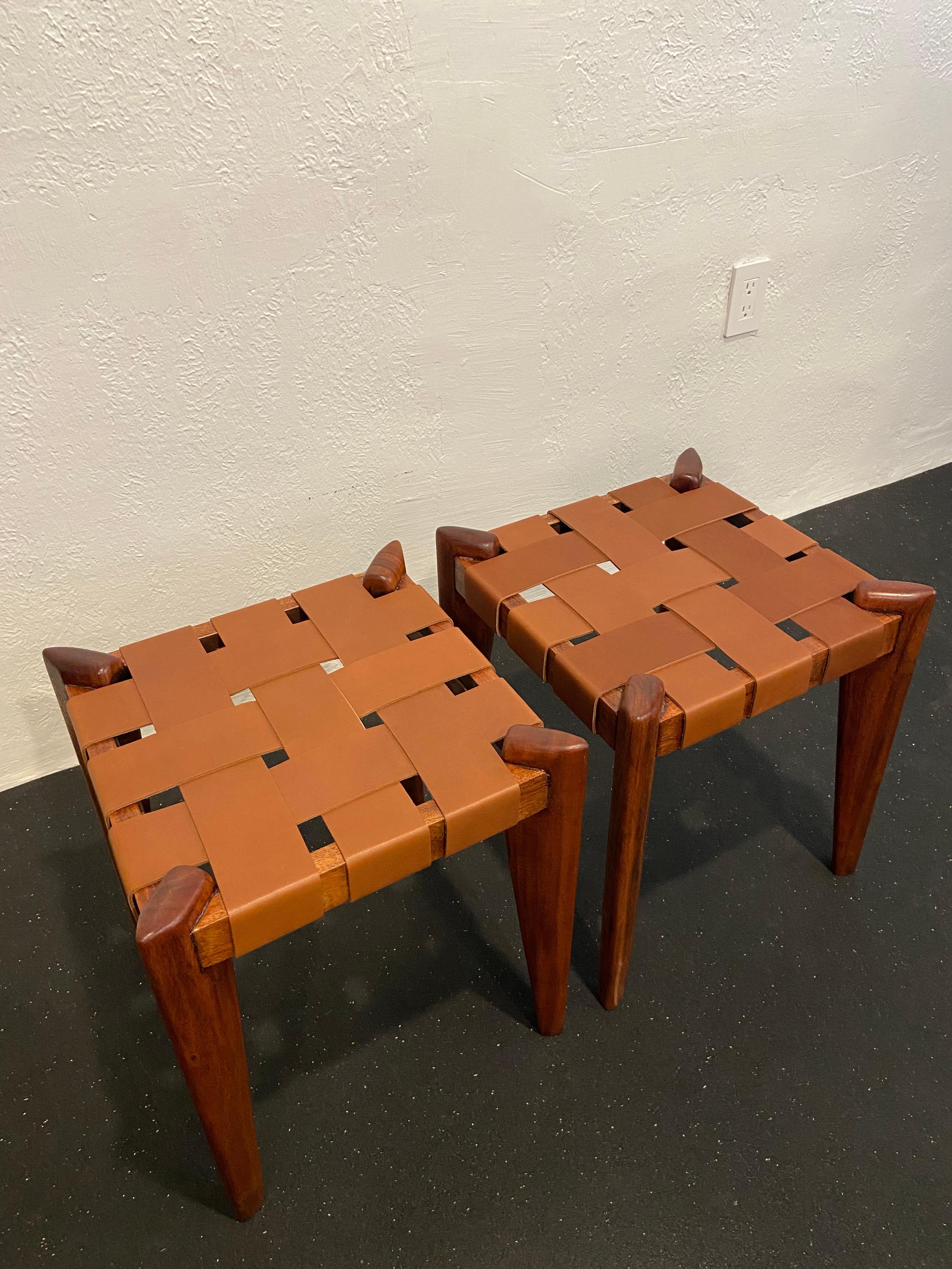 Edmond Spence Woven Leather Stools-a Pair For Sale 4
