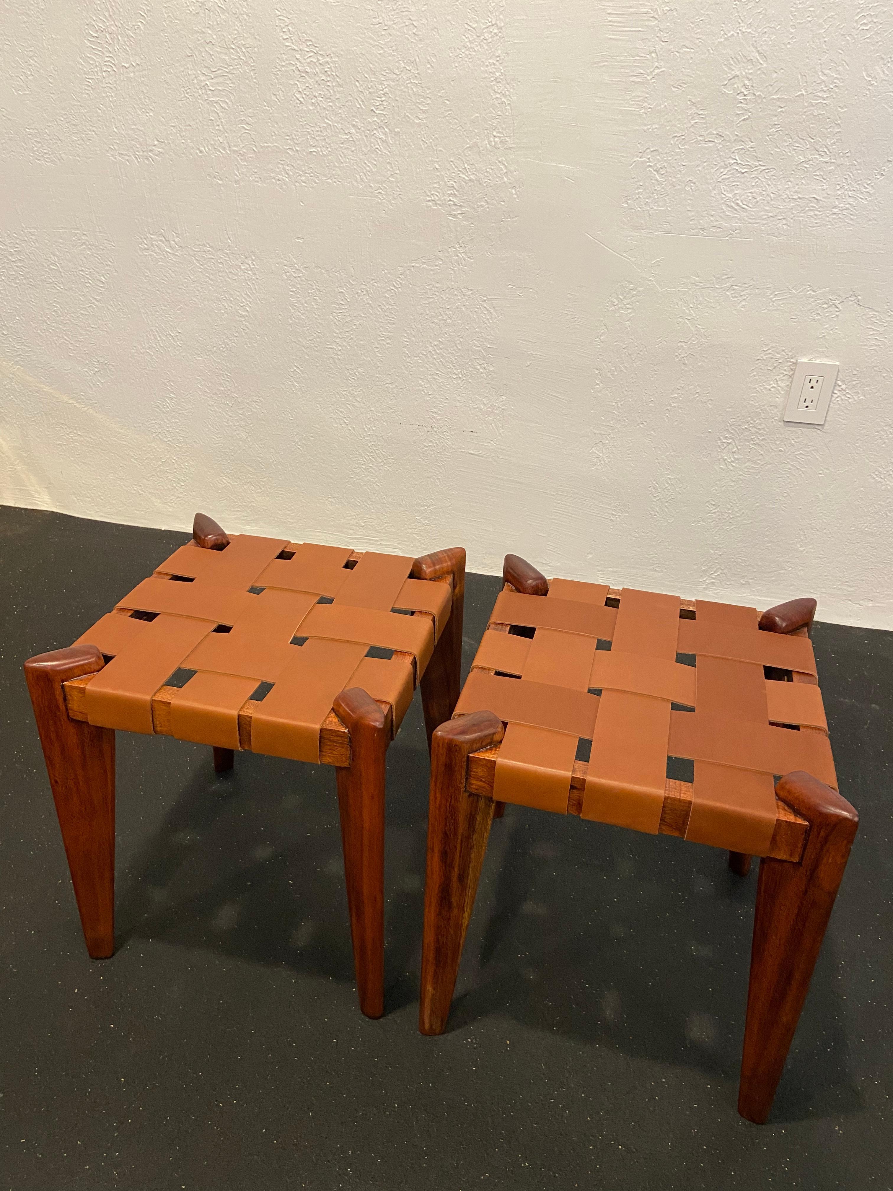 Edmond Spence Woven Leather Stools-a Pair In Good Condition For Sale In West Palm Beach, FL