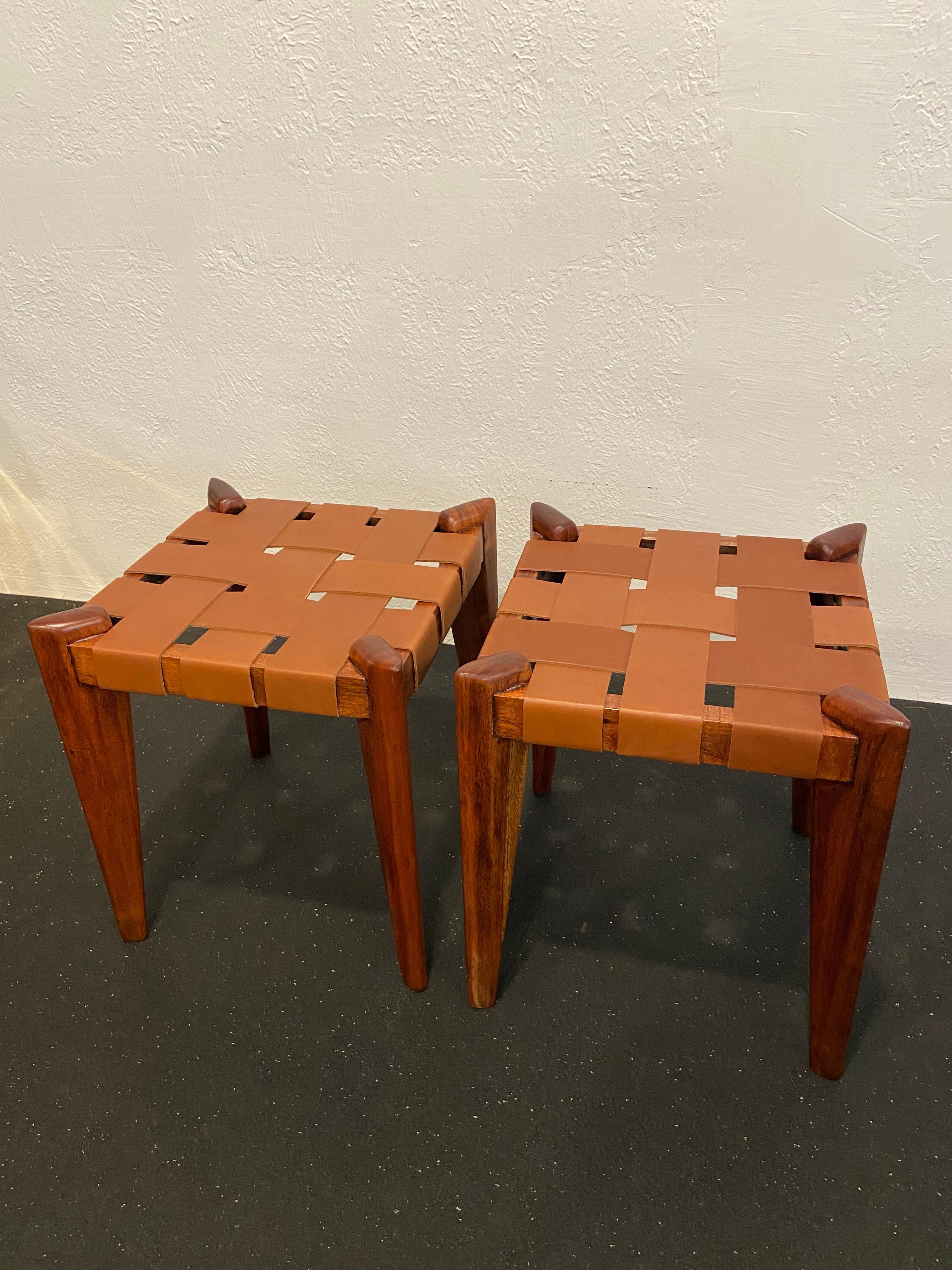 Edmond Spence Woven Leather Stools-a Pair For Sale 1