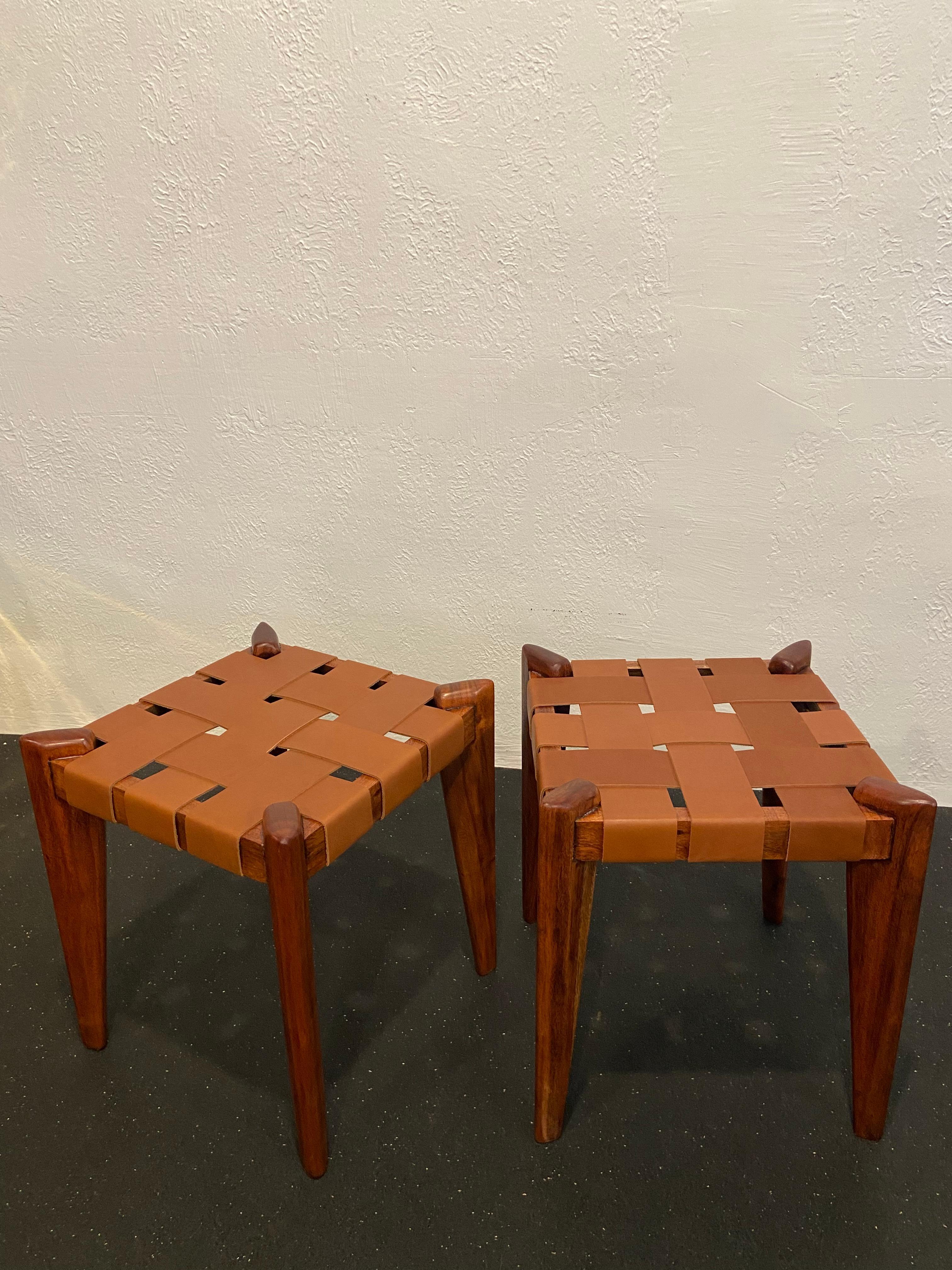 Edmond Spence Woven Leather Stools-a Pair For Sale 3