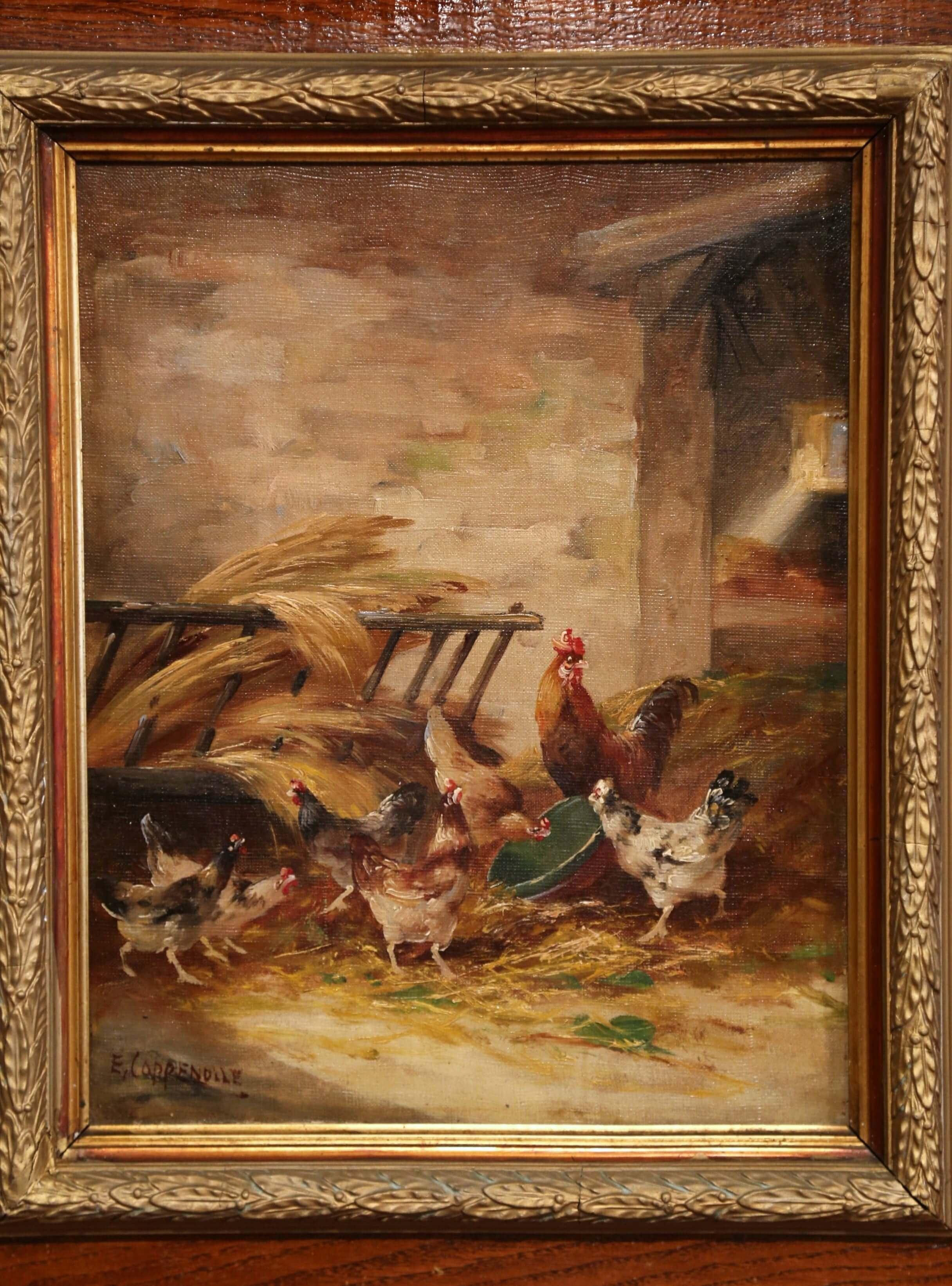 Peinture à l'huile sur toile encadrée du 19ème siècle représentant un poulet, signée E. Coppenolle - Painting de Edmond Van Coppenolle