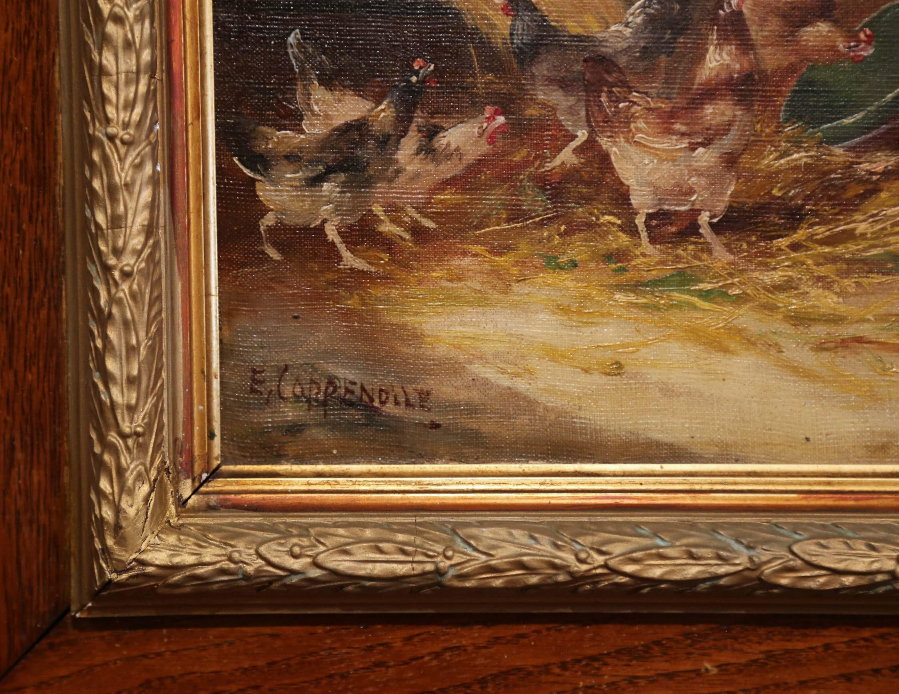 Peinture à l'huile sur toile encadrée du 19ème siècle représentant un poulet, signée E. Coppenolle - Marron Animal Painting par Edmond Van Coppenolle