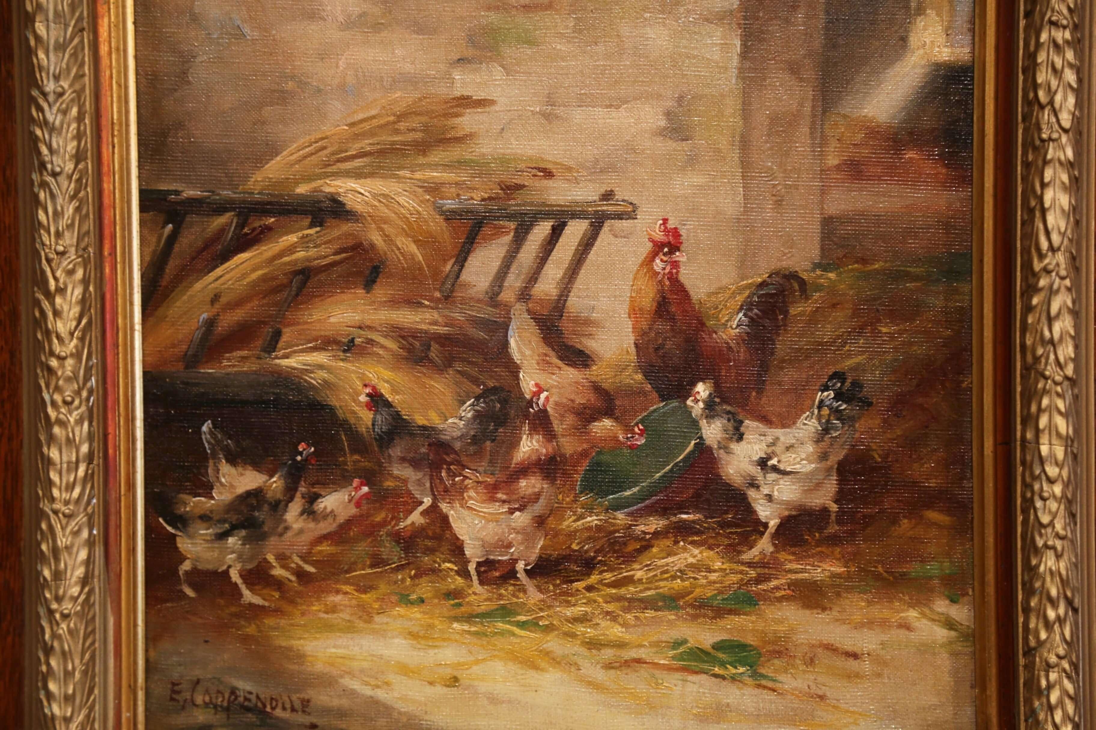 Peinture à l'huile sur toile encadrée du 19ème siècle représentant un poulet, signée E. Coppenolle en vente 1