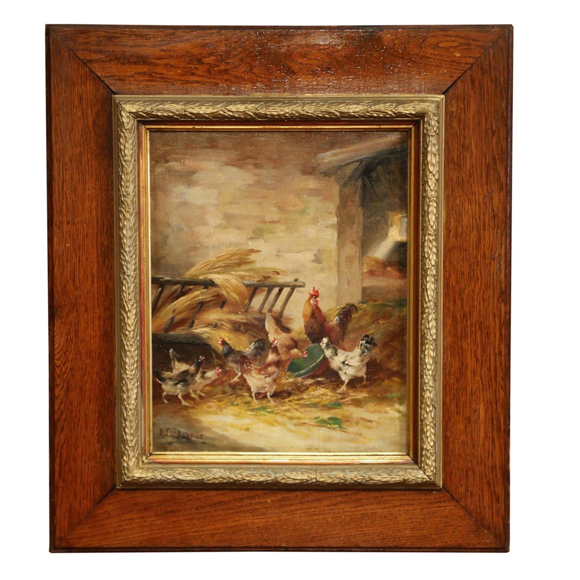 Animal Painting Edmond Van Coppenolle - Peinture à l'huile sur toile encadrée du 19ème siècle représentant un poulet, signée E. Coppenolle