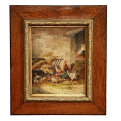 Peinture à l'huile sur toile encadrée du 19ème siècle représentant un poulet, signée E. Coppenolle