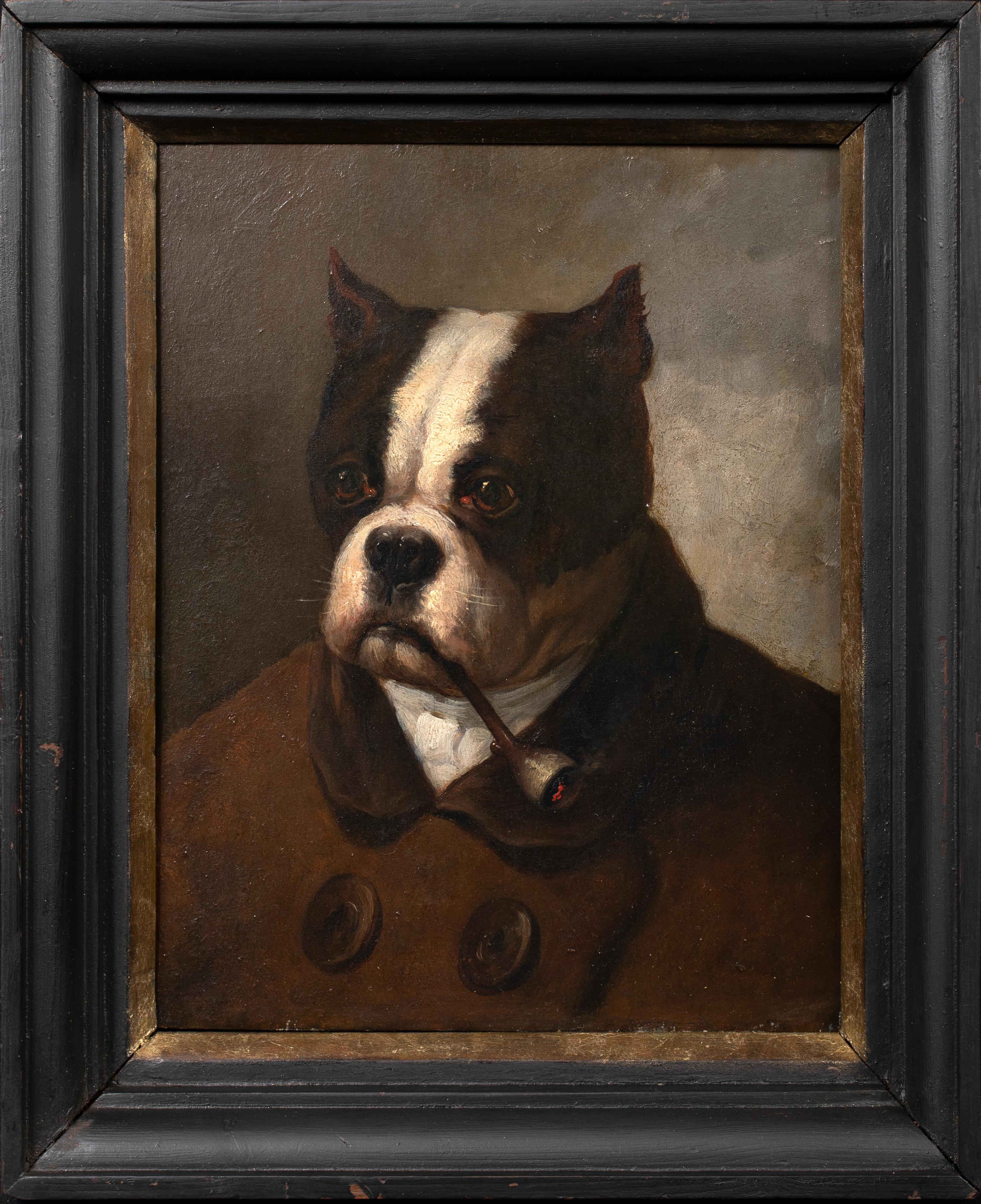 Portrait of An American Bulldog Smoking A Pipe, 19th Century   - Painting by Edmond Van Der Meulen