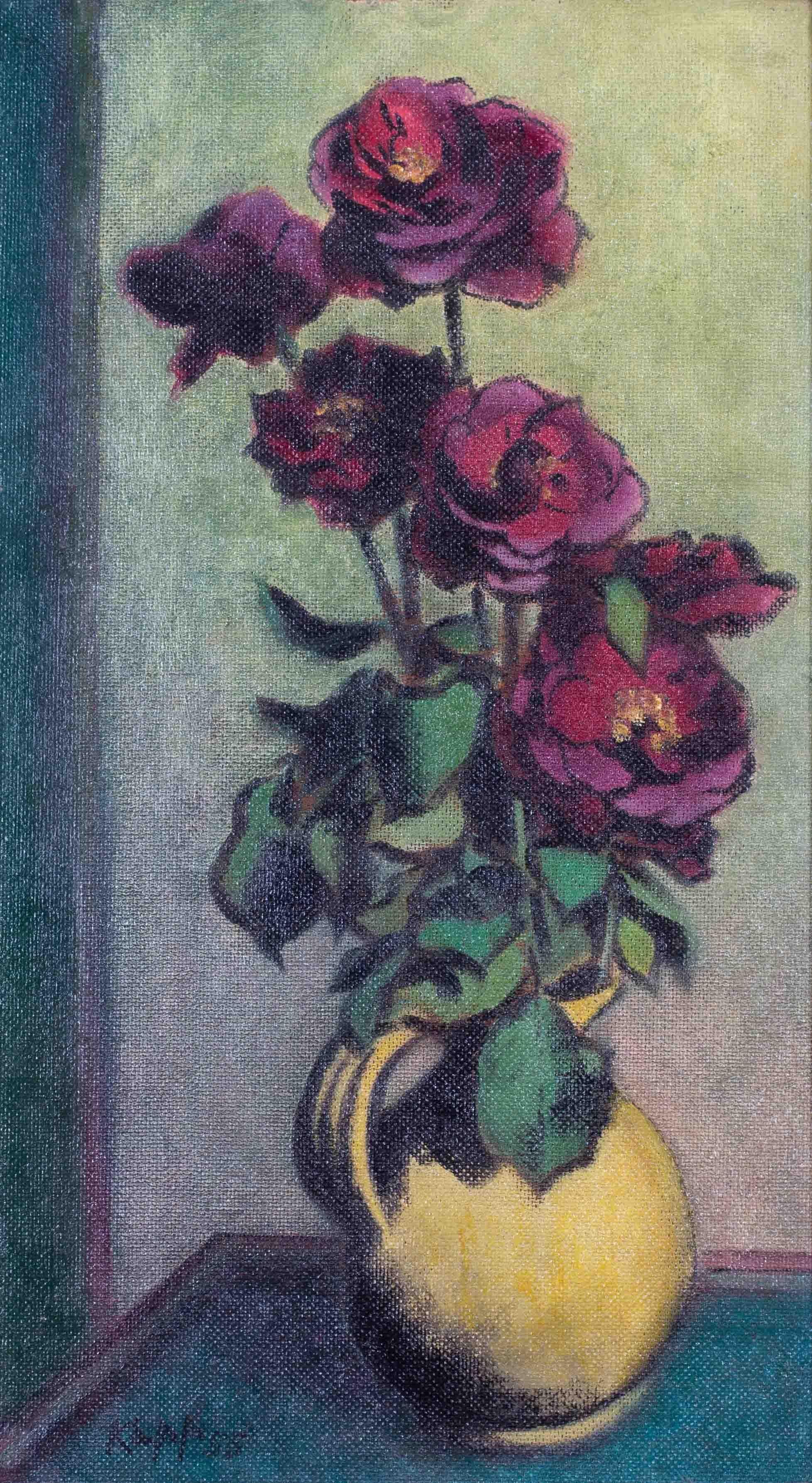 Mid Century Modern British 'roses in a jug' by British German artist Kapp, 1955 - Painting by Edmond Xavier Kapp