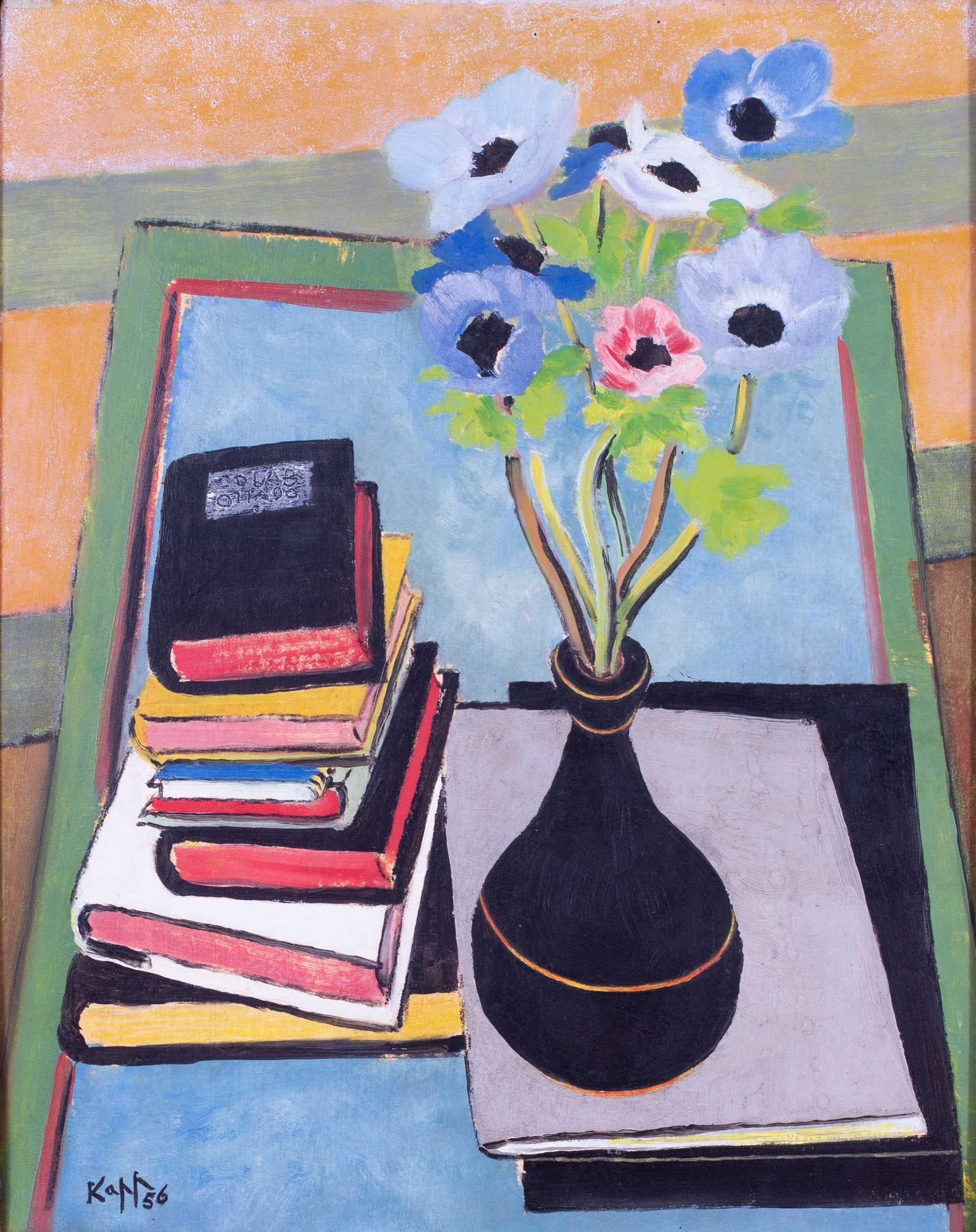 Mid Century Modern British still life of flowers and stacked books by Kapp, 1956 - Painting by Edmond Xavier Kapp