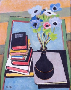 Mid Century Modern British still life of flowers and stacked books by Kapp, 1956