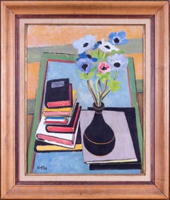 Mid Century Modern British still life of flowers and stacked books by Kapp, 1956