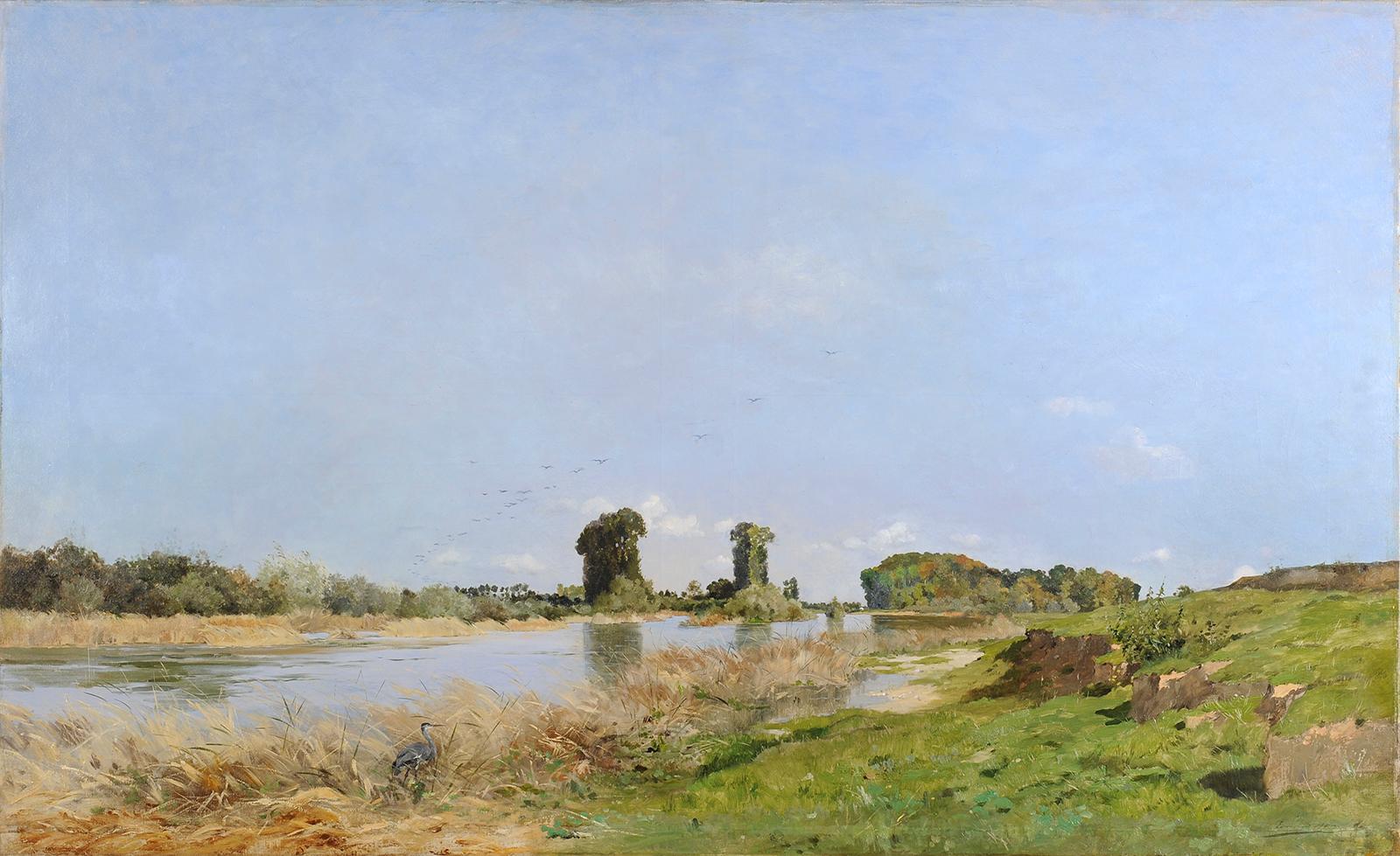 Grande bordo del fiume con uccelli in Francia - Painting di Edmond Yon