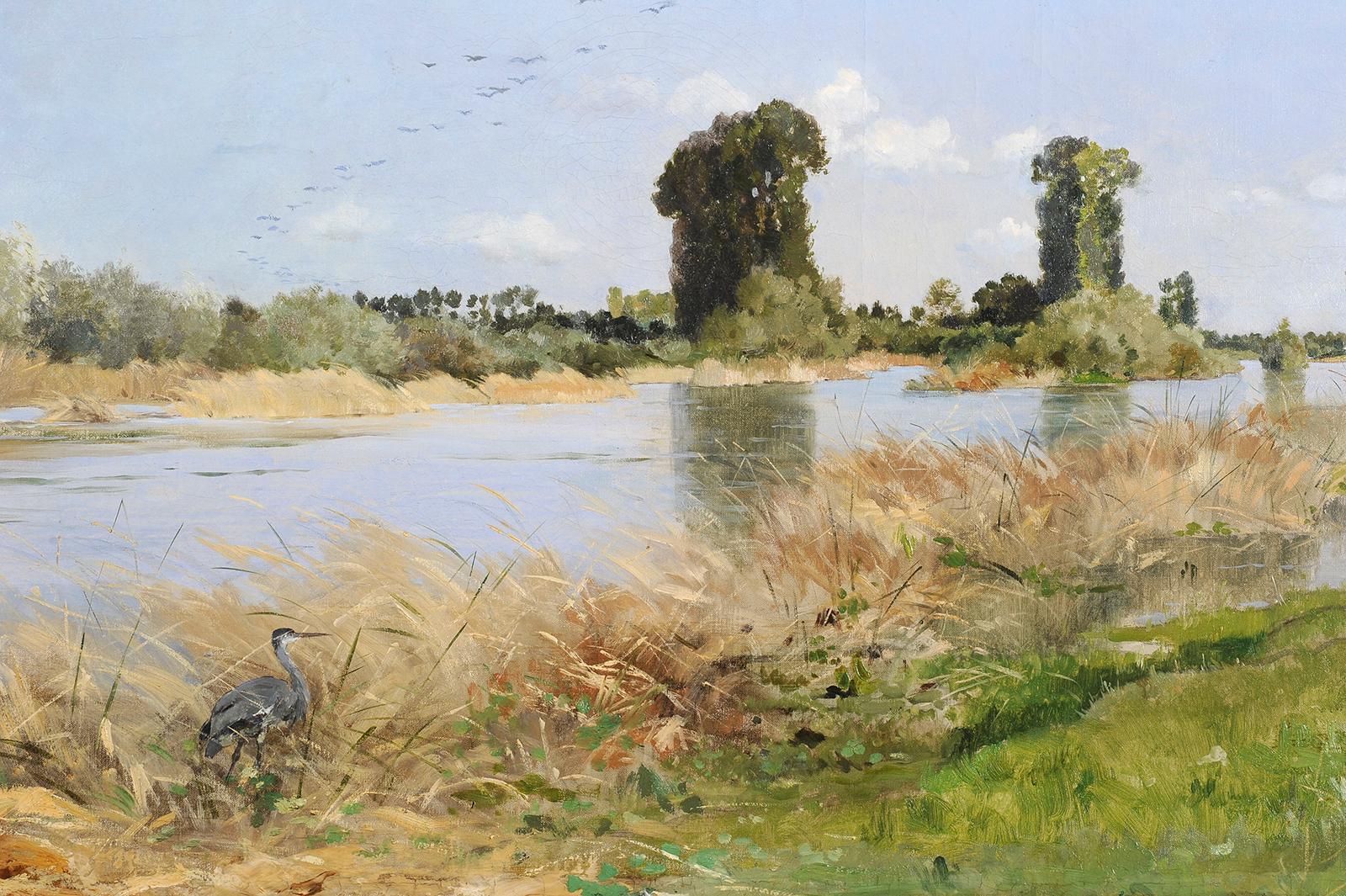 Grande bordo del fiume con uccelli in Francia - Painting Scuola francese di Edmond Yon