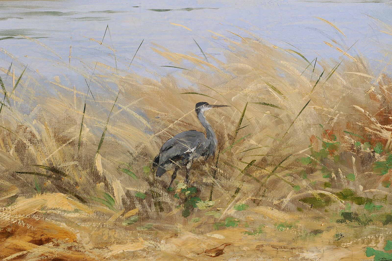 Grande bordo del fiume con uccelli in Francia - Figurative Painting Marrone di Edmond Yon