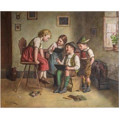 Une belle peinture d'Edmund Adler représentant des enfants réunis dans un salon