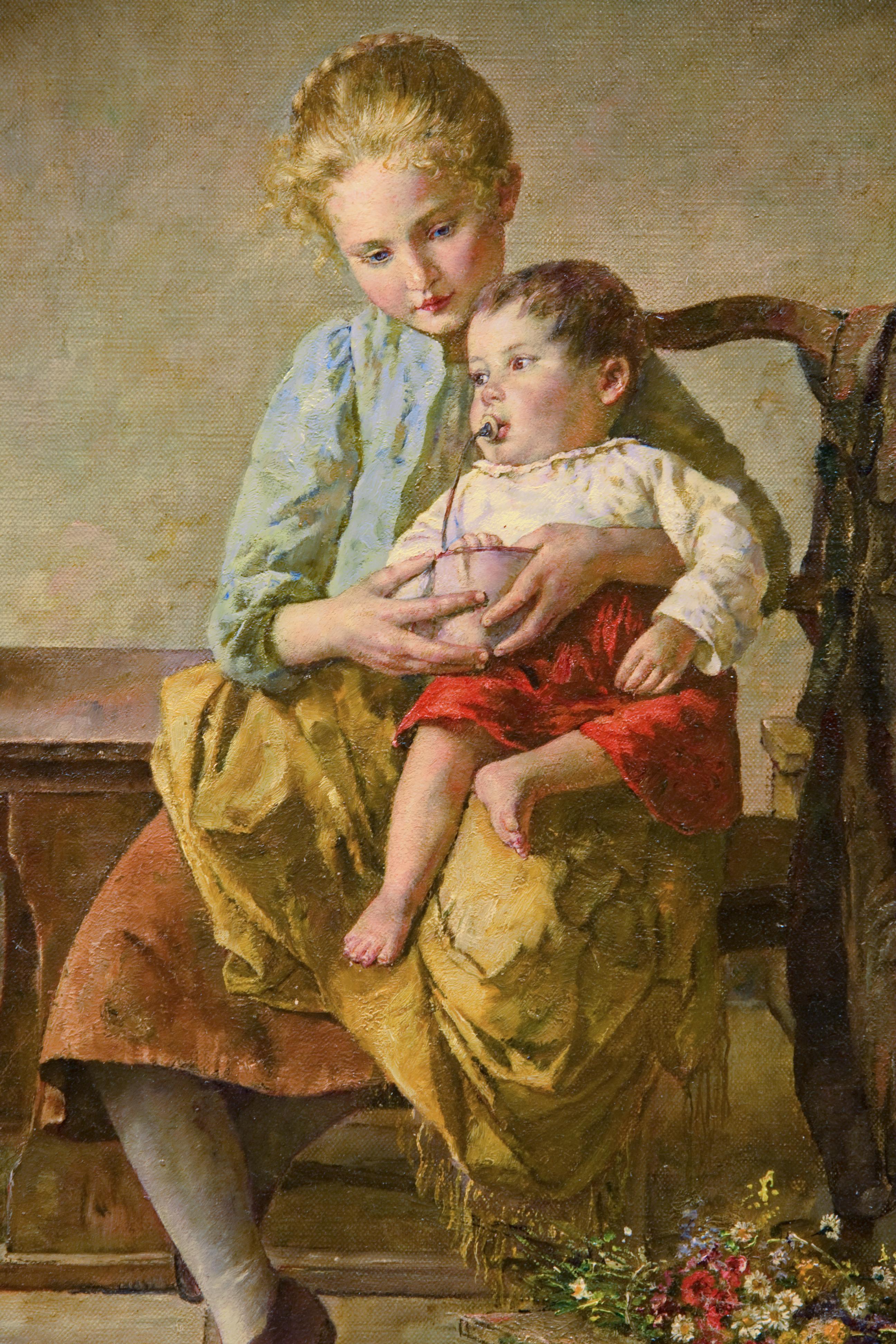 Nourrir les jeunes - Painting de Edmund Adler