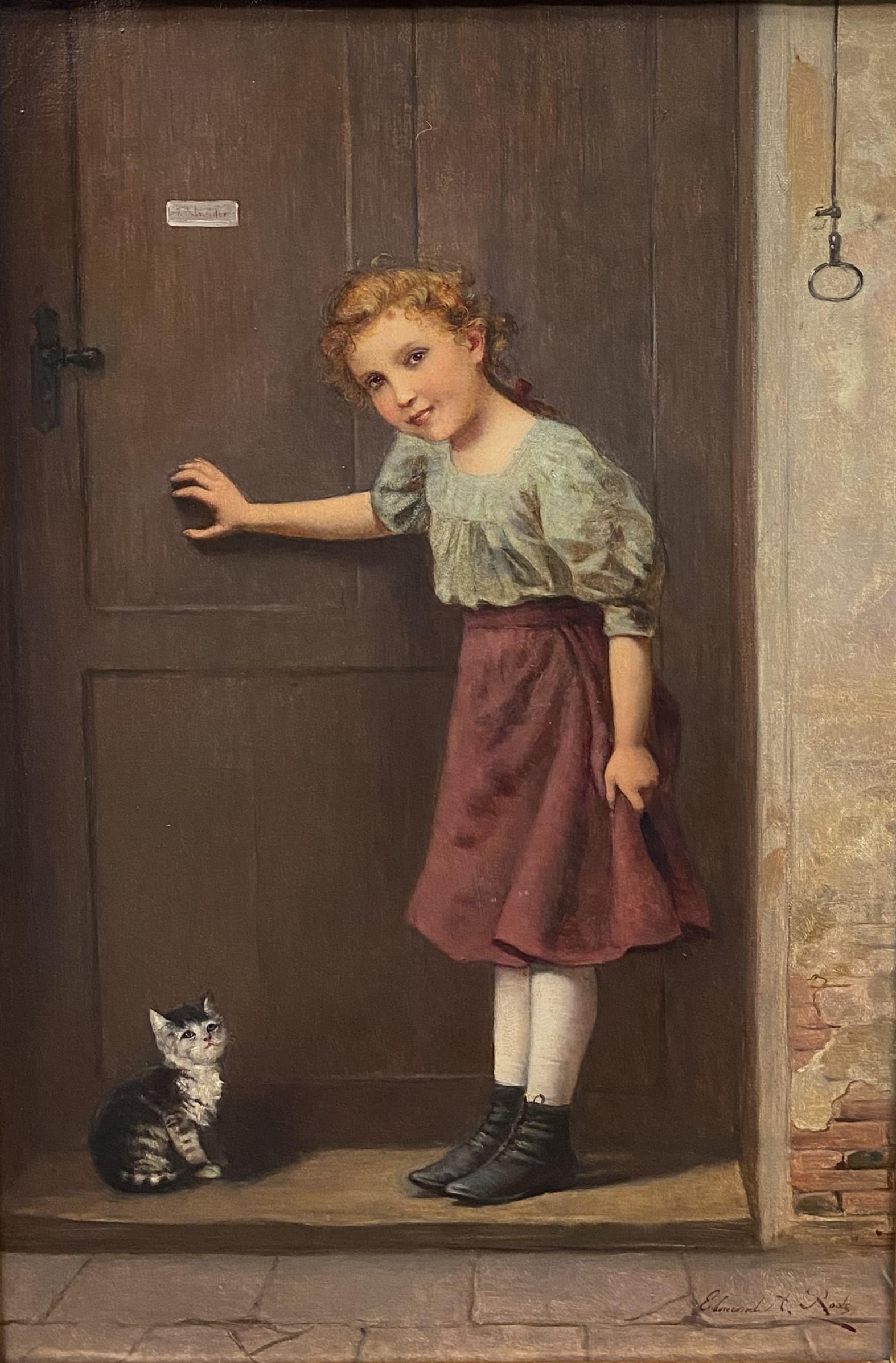 Mädchen und Katze in einem Türsteg – Painting von Edmund Adler