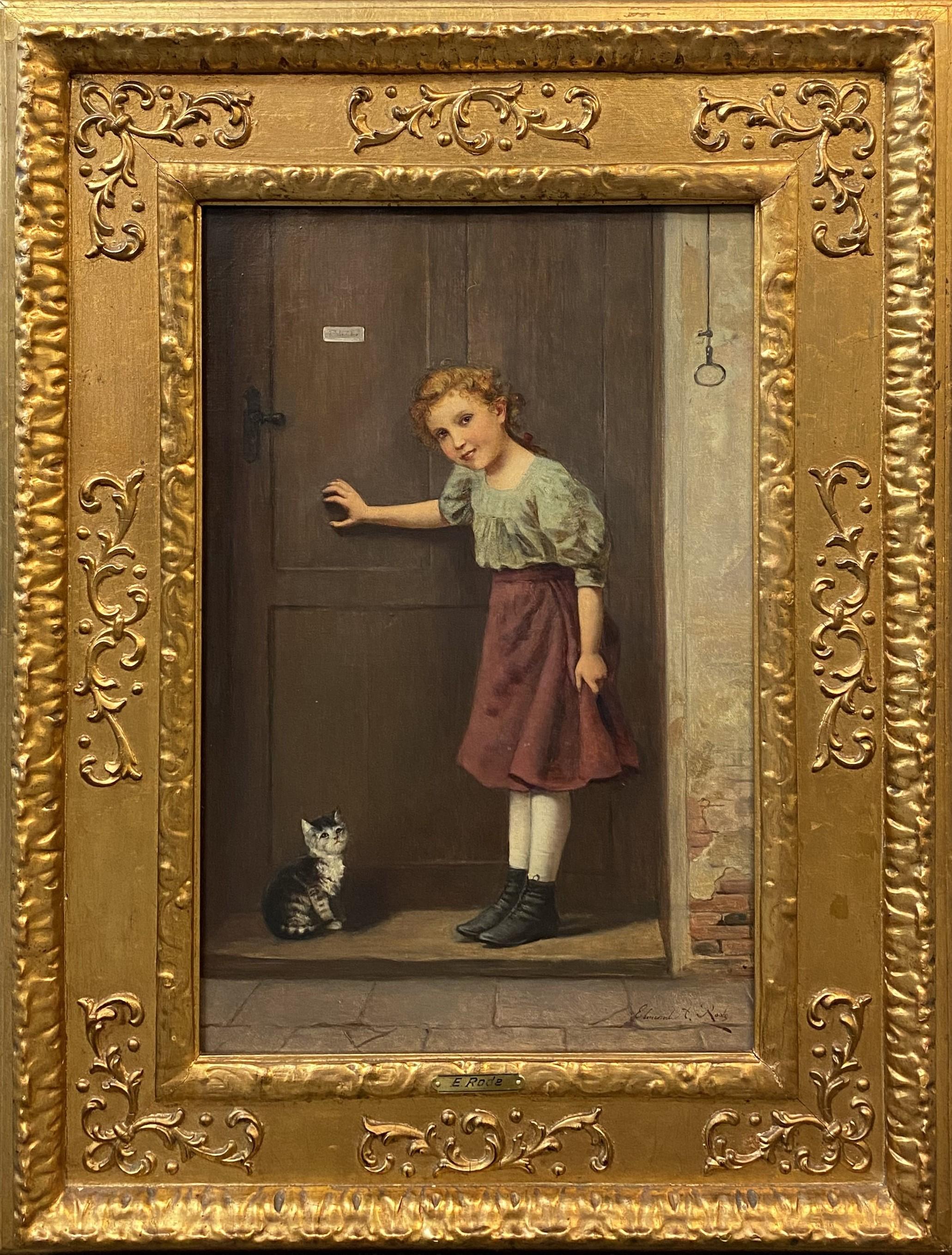 Edmund Adler Figurative Painting - Girl & Cat in a Doorway