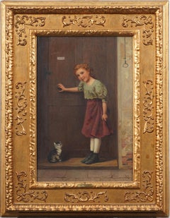 Große signierte deutsche Realist junges Mädchen Kätzchen Porträt gerahmt Ölgemälde