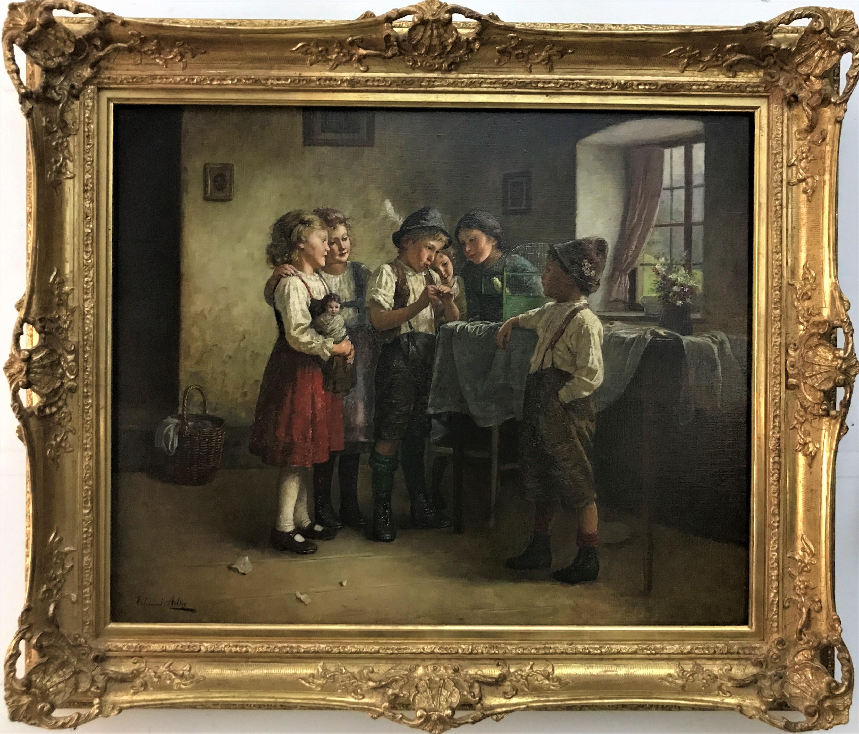 Singing Lesson, original oil on canvas, interior scene of children, early 20th C - Painting by Edmund Adler