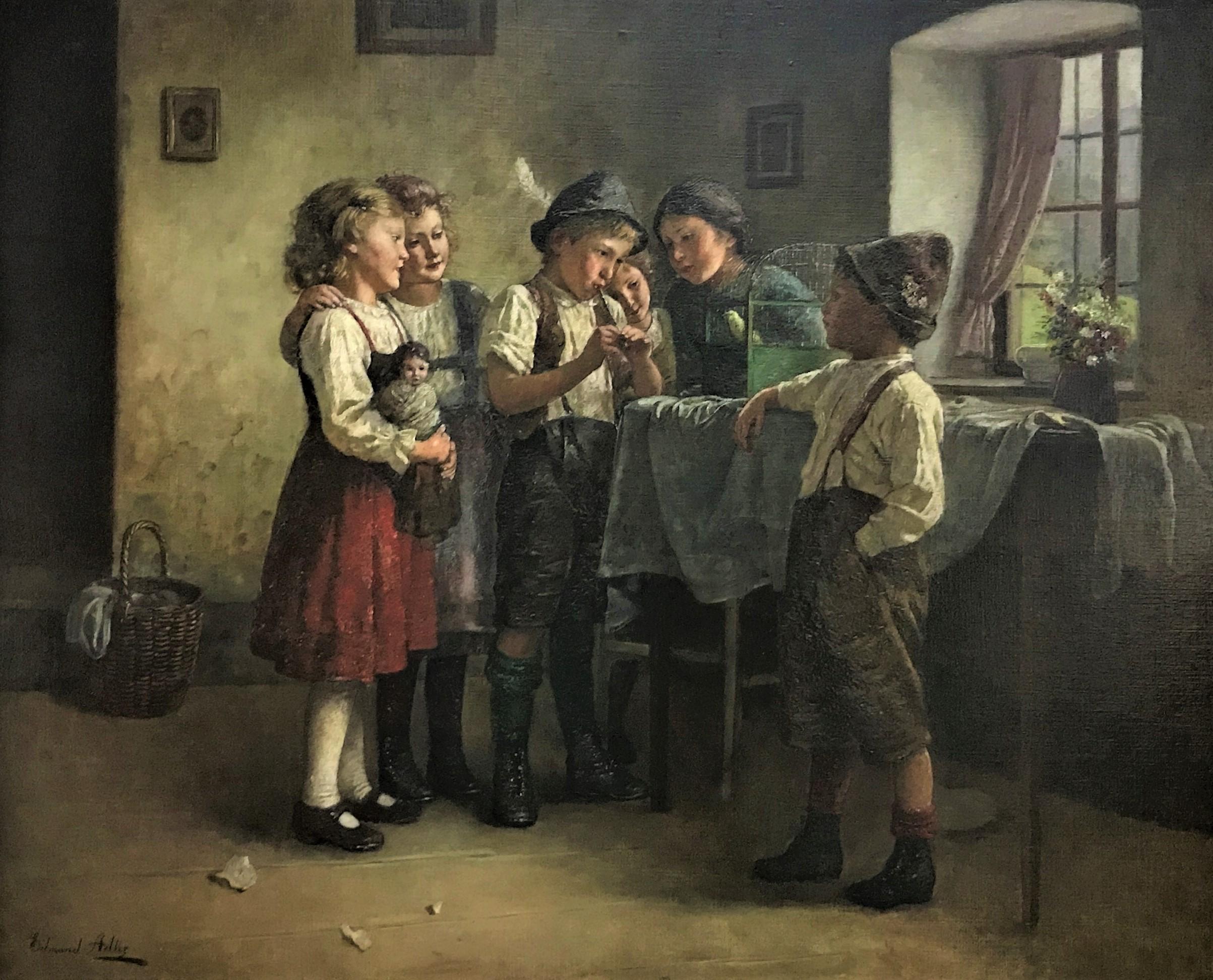 Singing Lesson, original oil on canvas, interior scene of children, early 20th C