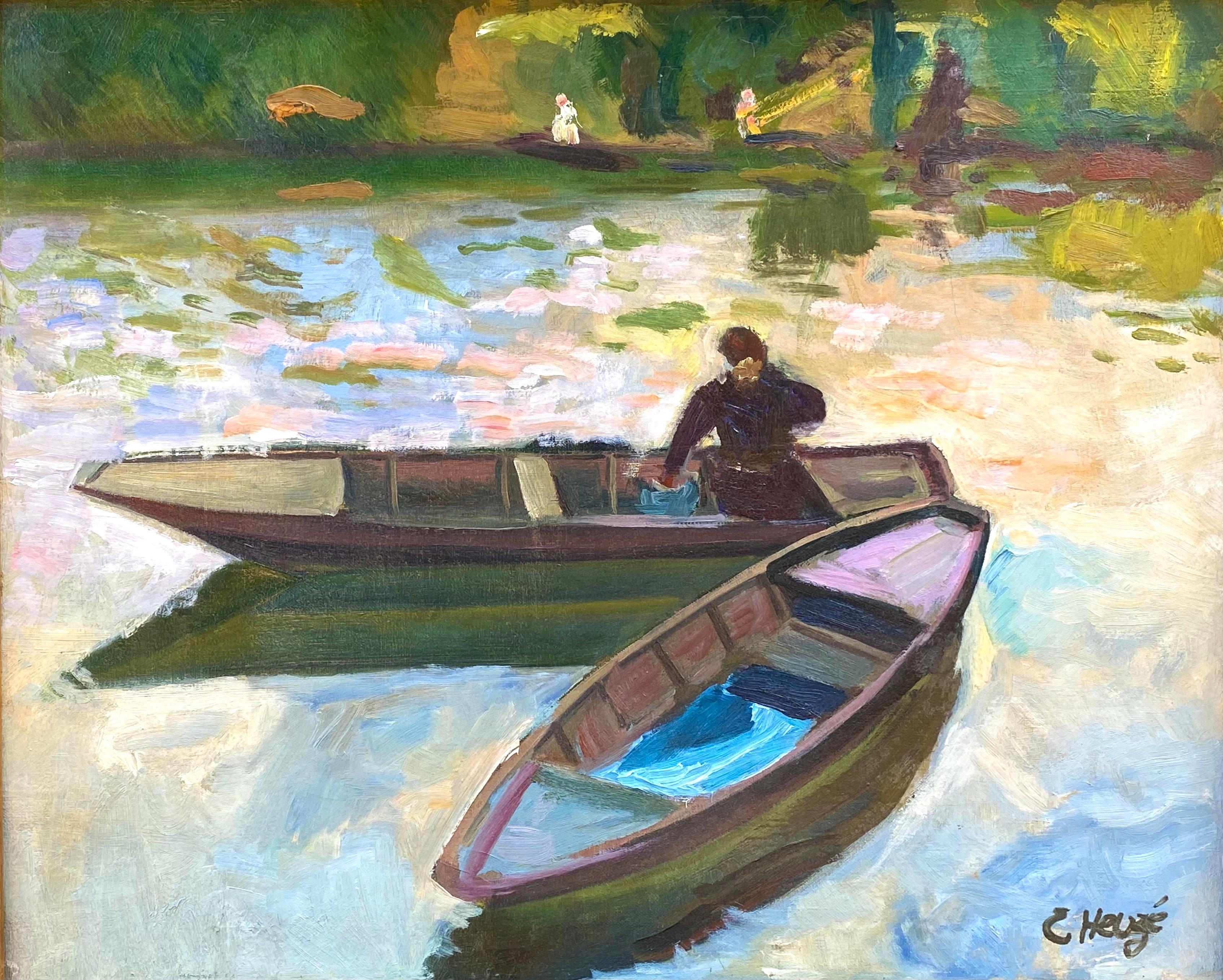 Dans la Rivière - Post-impressionnisme Painting par Edmund Amedee Heuze 