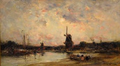 Oil Painting by Edmund Aubrey Hunt "A Dutch Estuary, Evening"