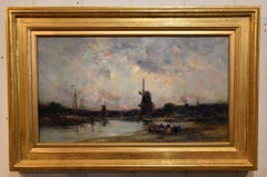 Antique Oil Painting by Edmund Aubrey Hunt "A Dutch Estuary, Evening"