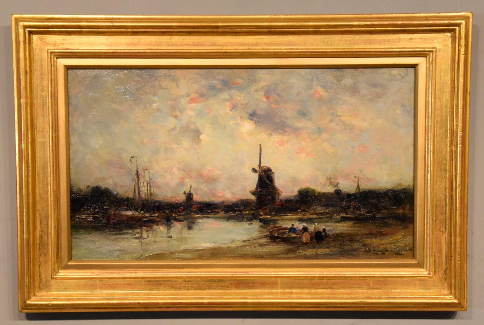 Oil Painting by Edmund Aubrey Hunt "A Dutch Estuary, Evening" 1855- 1922 Massachusetts painter who studied under Gerome in Paris who then settled in London. Exhibited at the Royal Academy Boston, Paris Salon, New English Art club and Royal society