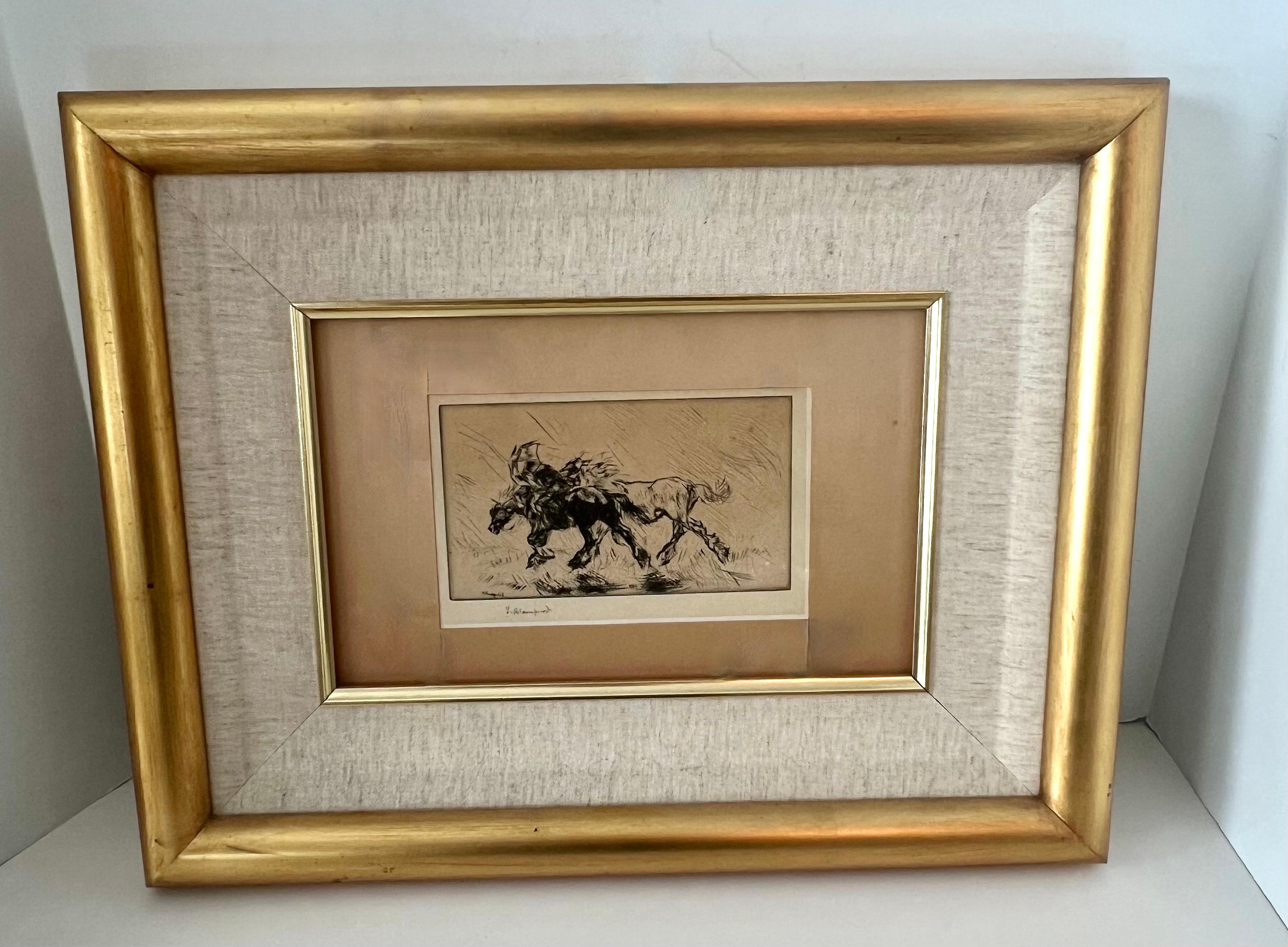  	Edmund Blampied Pen Drawing of a Horse Matted and Framed in Gilt Frame For Sale 3