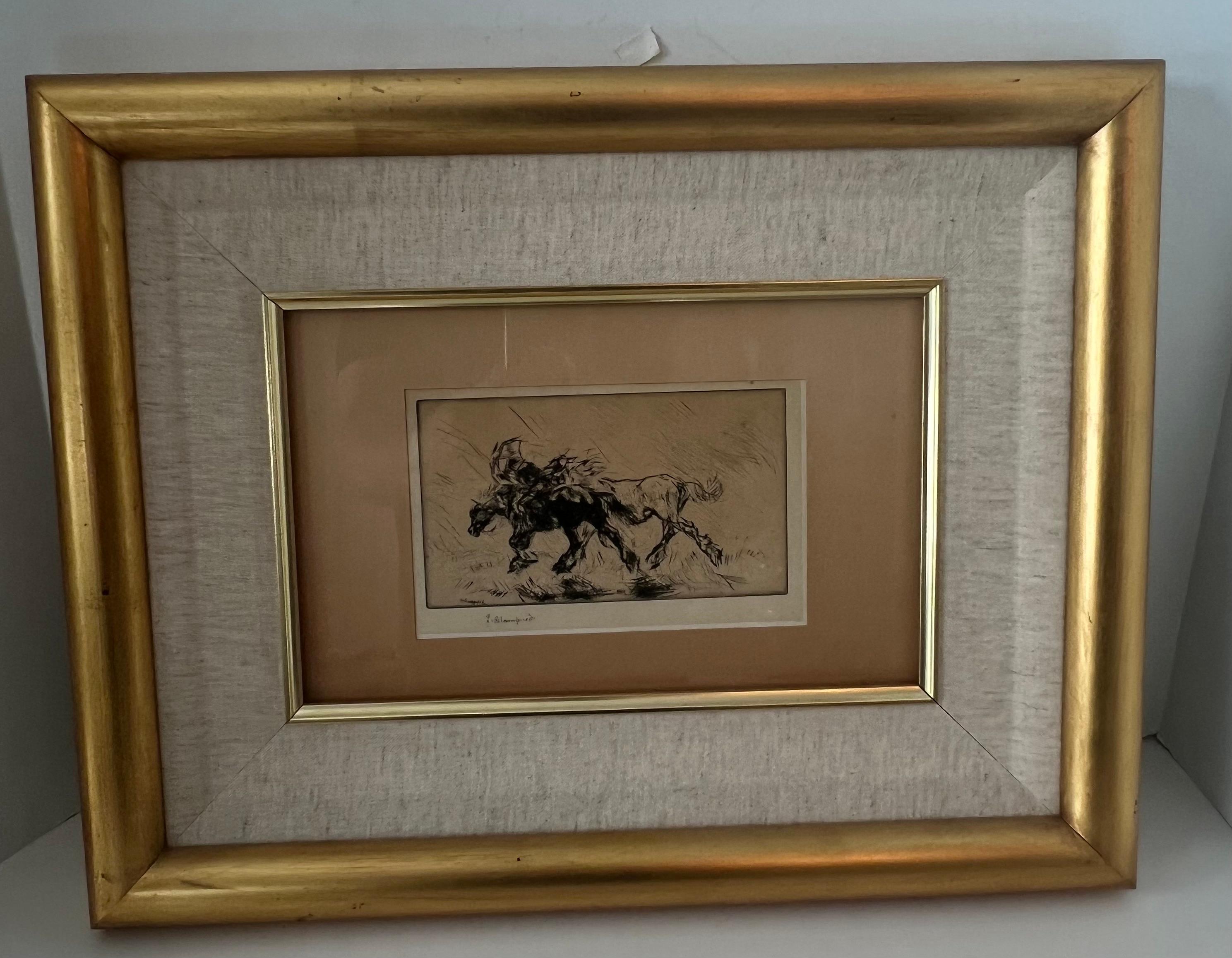  	Edmund Blampied Pen Drawing of a Horse Matted and Framed in Gilt Frame For Sale 6