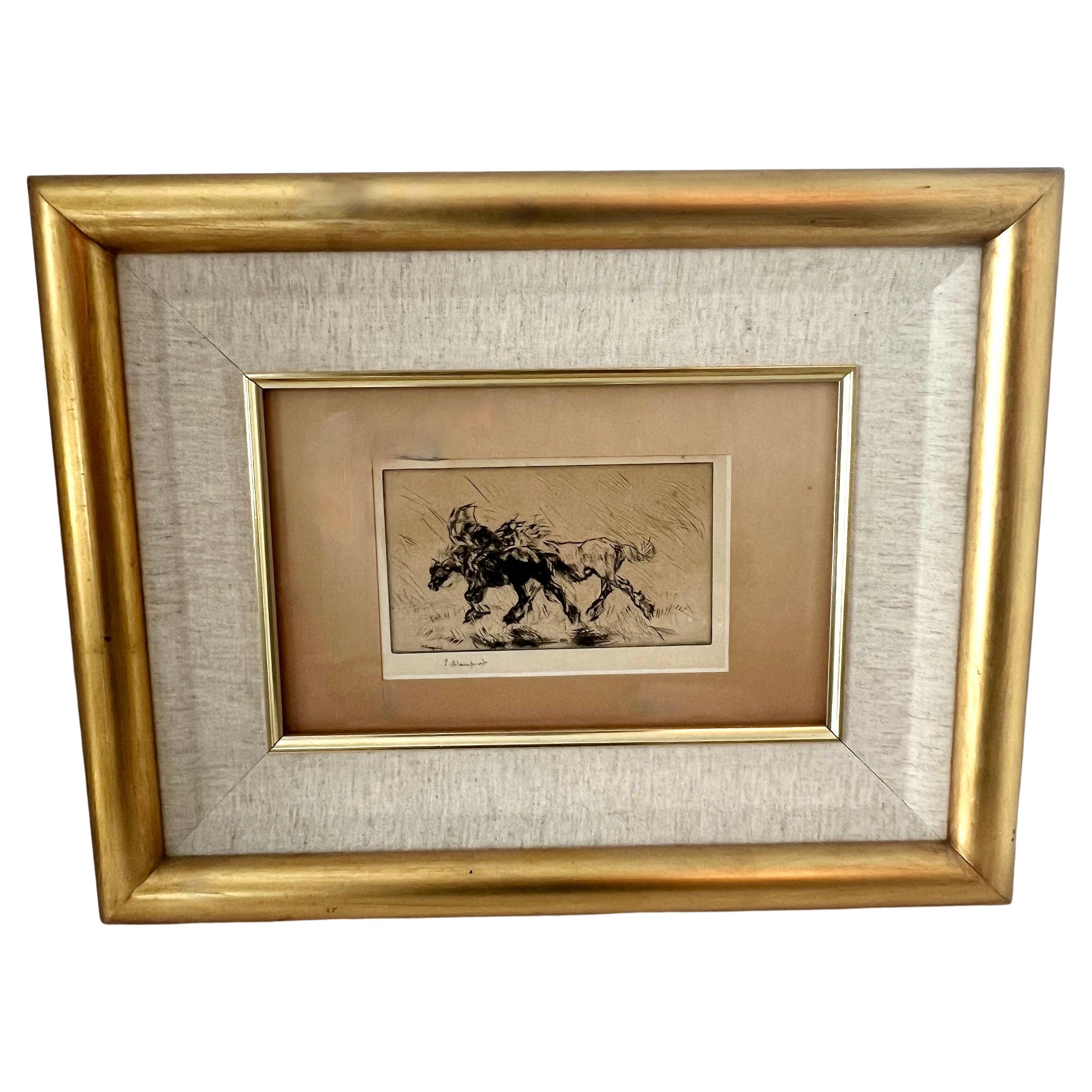 A wonderful pen on paper drawing or etching of horses - the fluidity and bold attention to details in the bodies are exquisite. 

The piece has been matted and framed in a gilt frame - ready for a special room with a story to tell.  

E. Blampied is