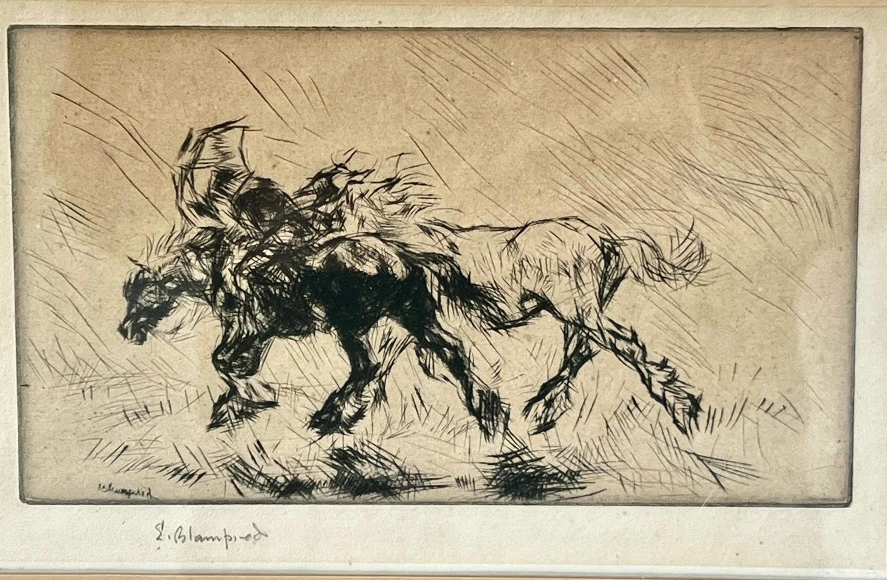 English  	Edmund Blampied Pen Drawing of a Horse Matted and Framed in Gilt Frame For Sale