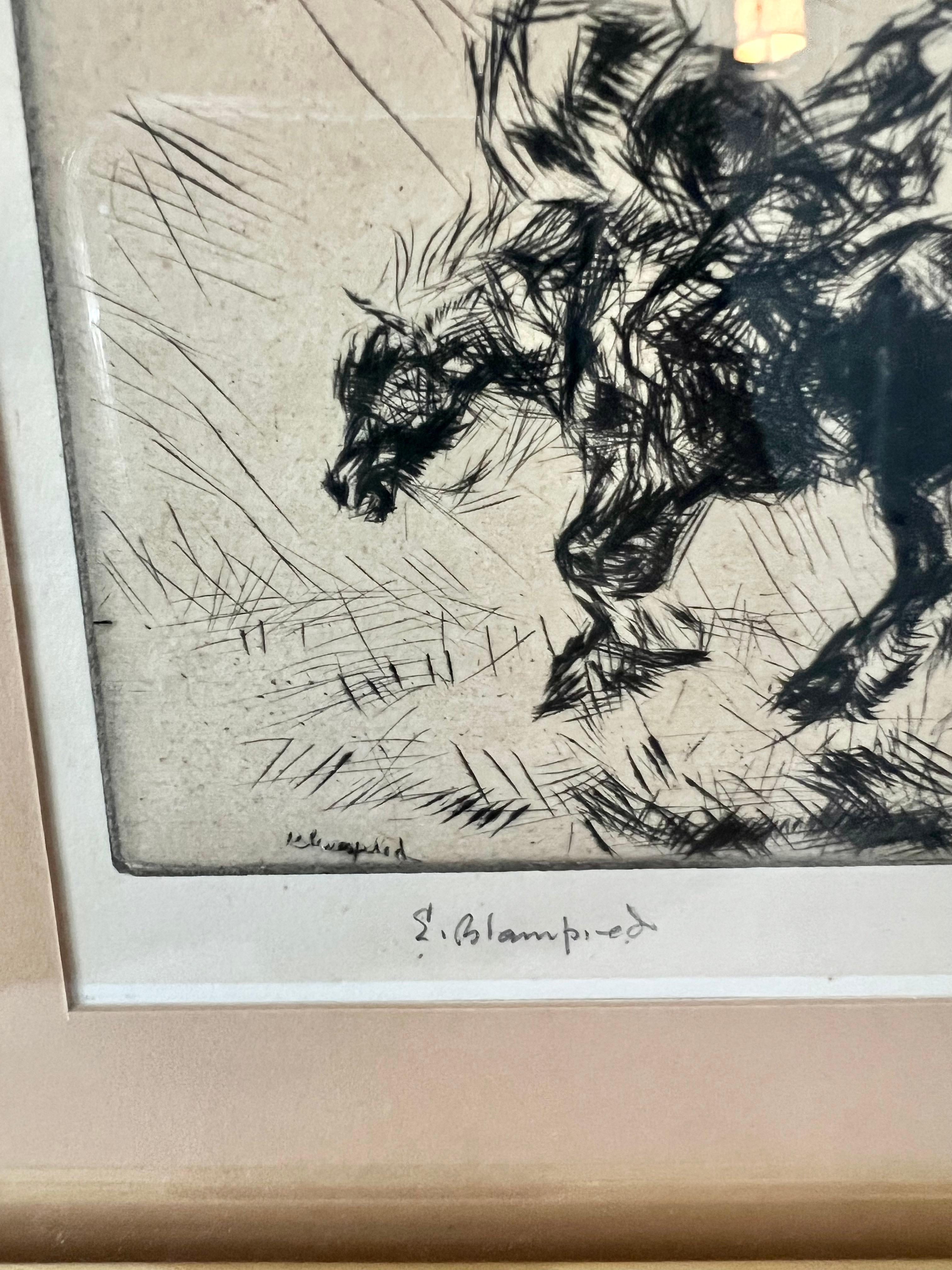 Etched  	Edmund Blampied Pen Drawing of a Horse Matted and Framed in Gilt Frame For Sale