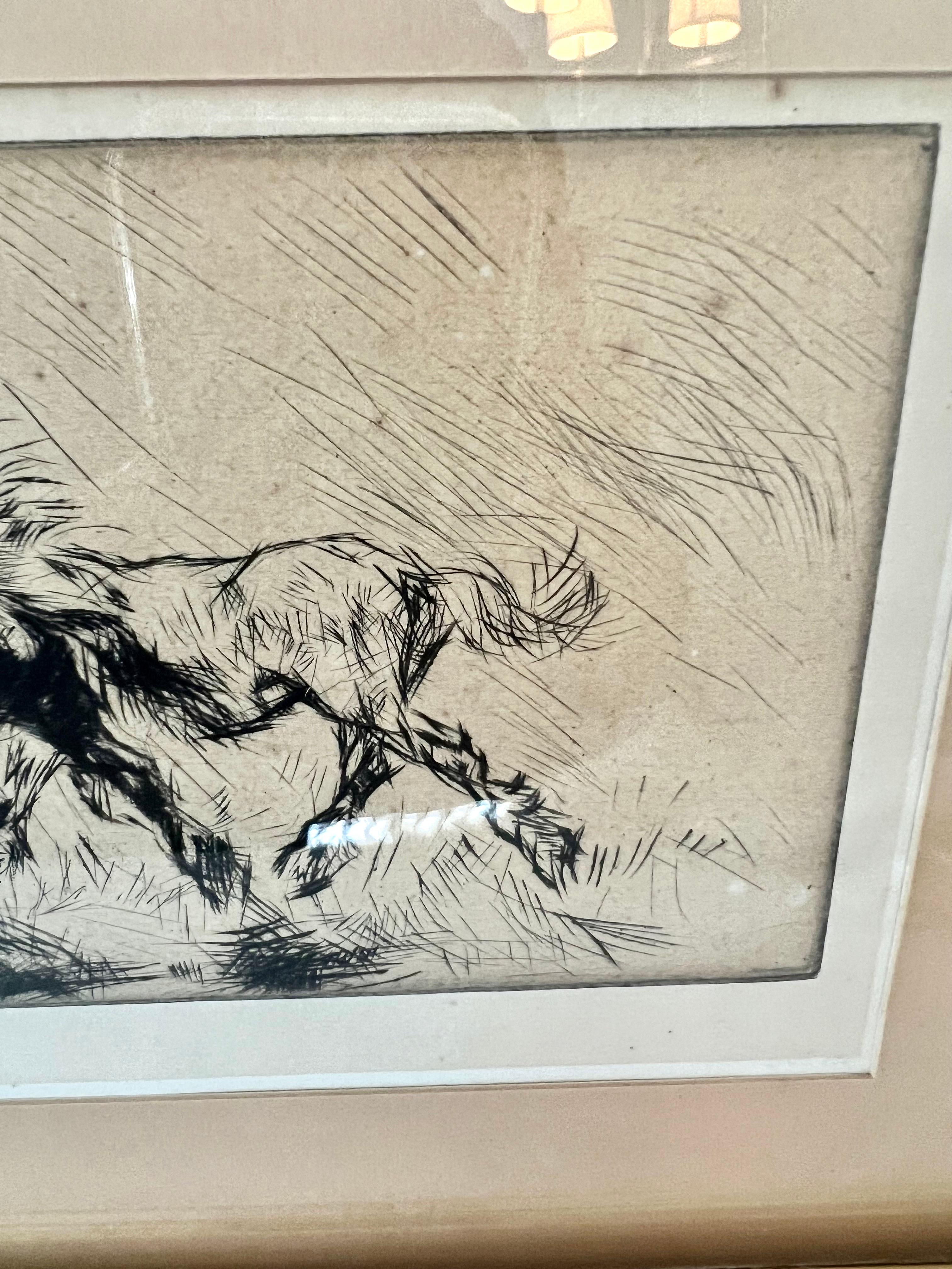  	Edmund Blampied Pen Drawing of a Horse Matted and Framed in Gilt Frame In Good Condition For Sale In Los Angeles, CA