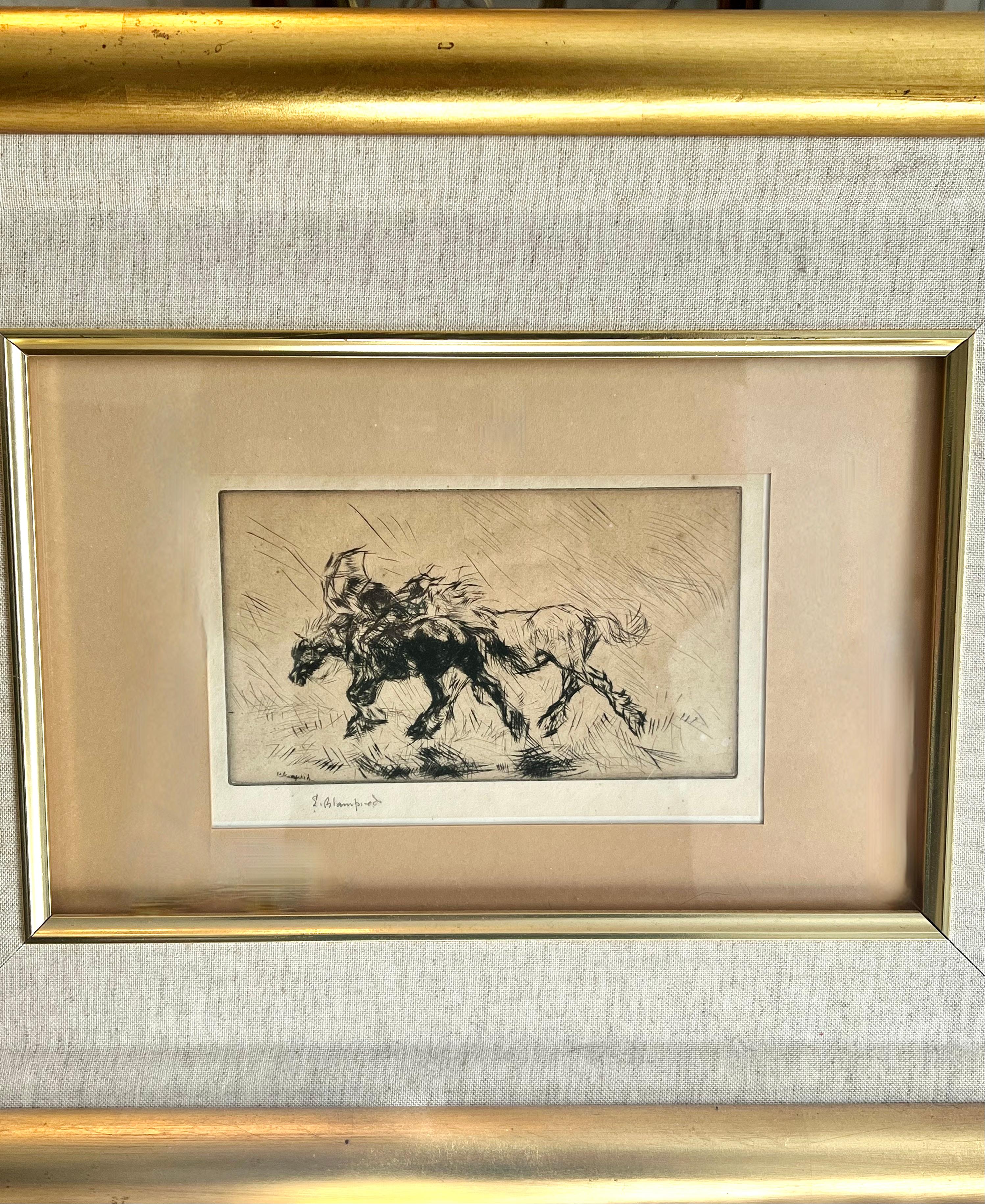 20th Century  	Edmund Blampied Pen Drawing of a Horse Matted and Framed in Gilt Frame For Sale
