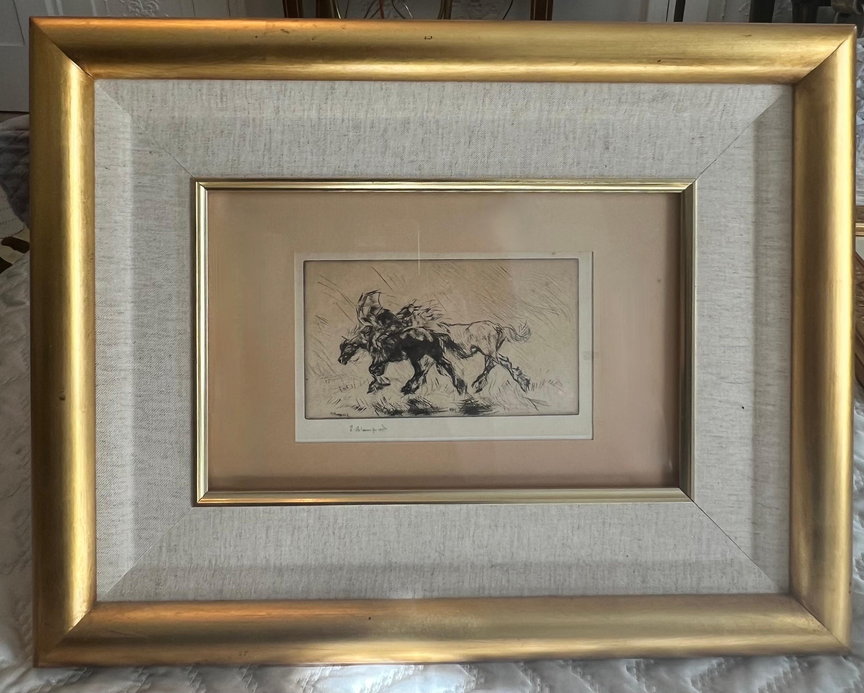 Paper  	Edmund Blampied Pen Drawing of a Horse Matted and Framed in Gilt Frame For Sale