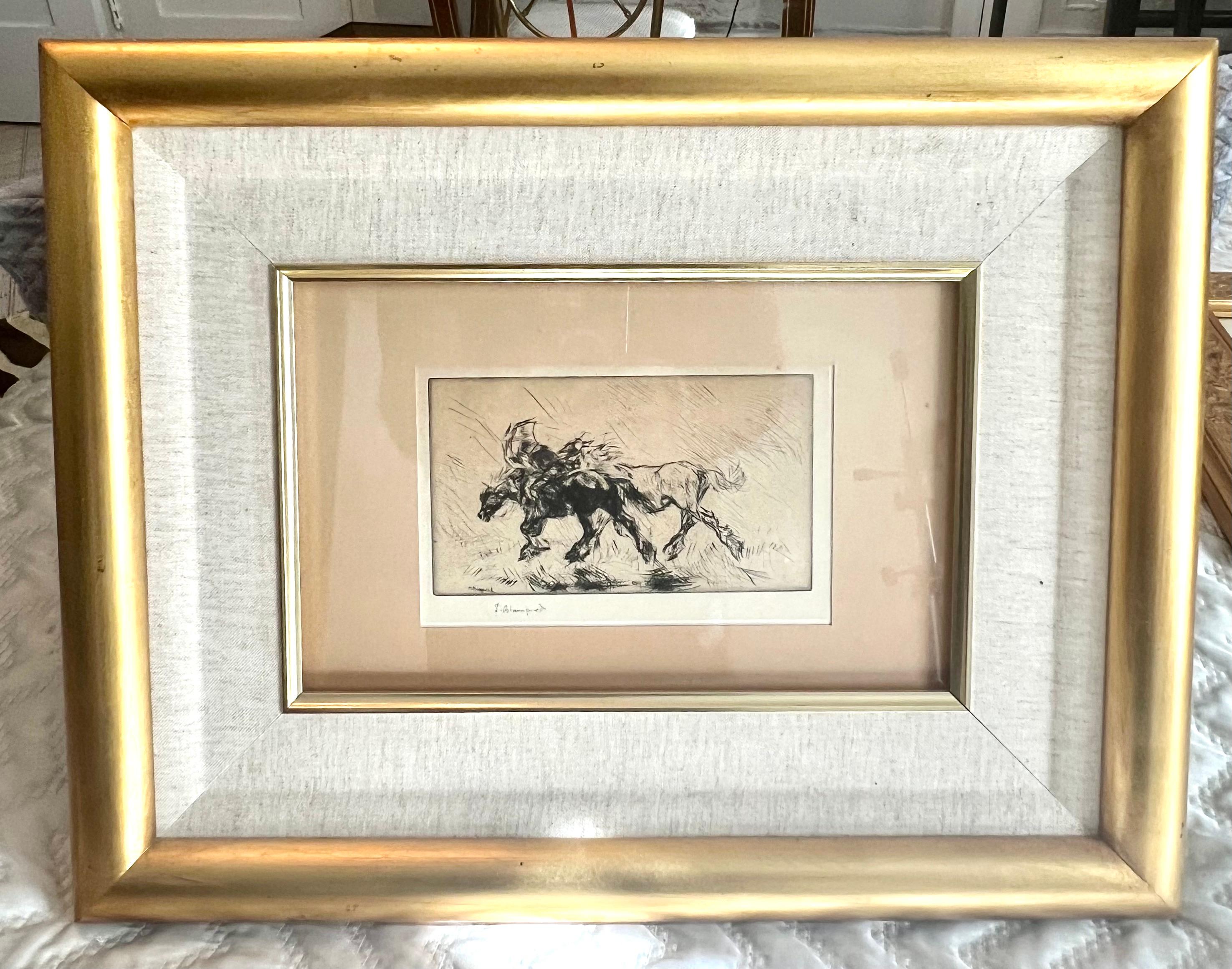  	Edmund Blampied Pen Drawing of a Horse Matted and Framed in Gilt Frame For Sale 1