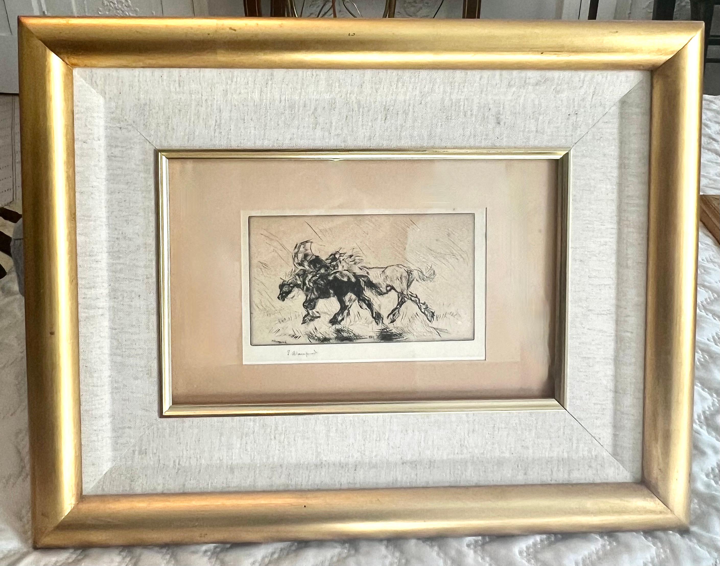  	Edmund Blampied Pen Drawing of a Horse Matted and Framed in Gilt Frame For Sale 2