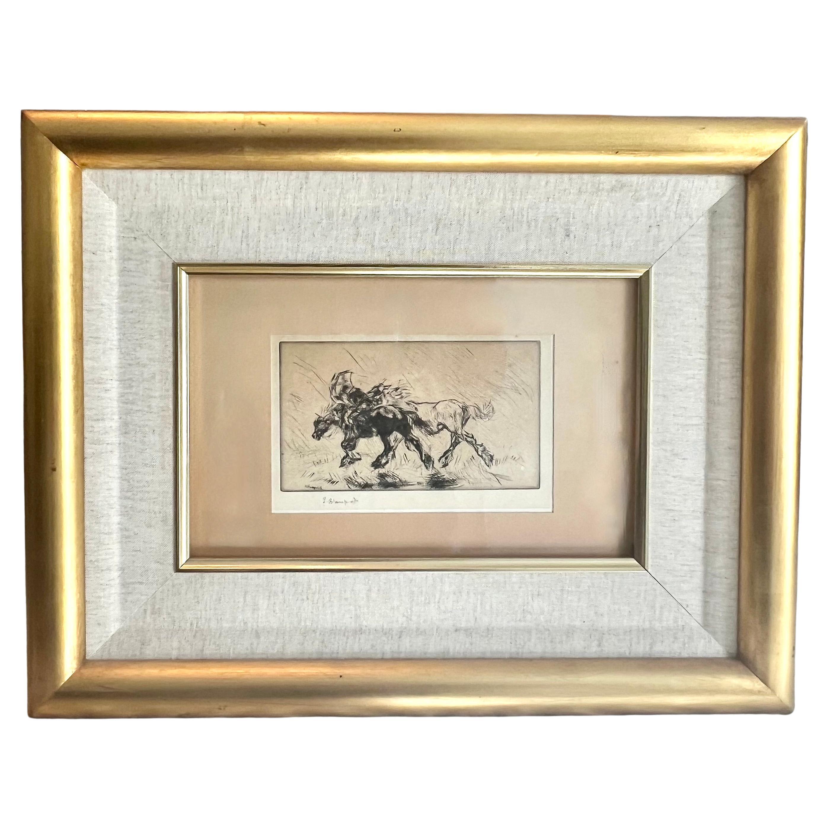  	Edmund Blampied Pen Drawing of a Horse Matted and Framed in Gilt Frame For Sale