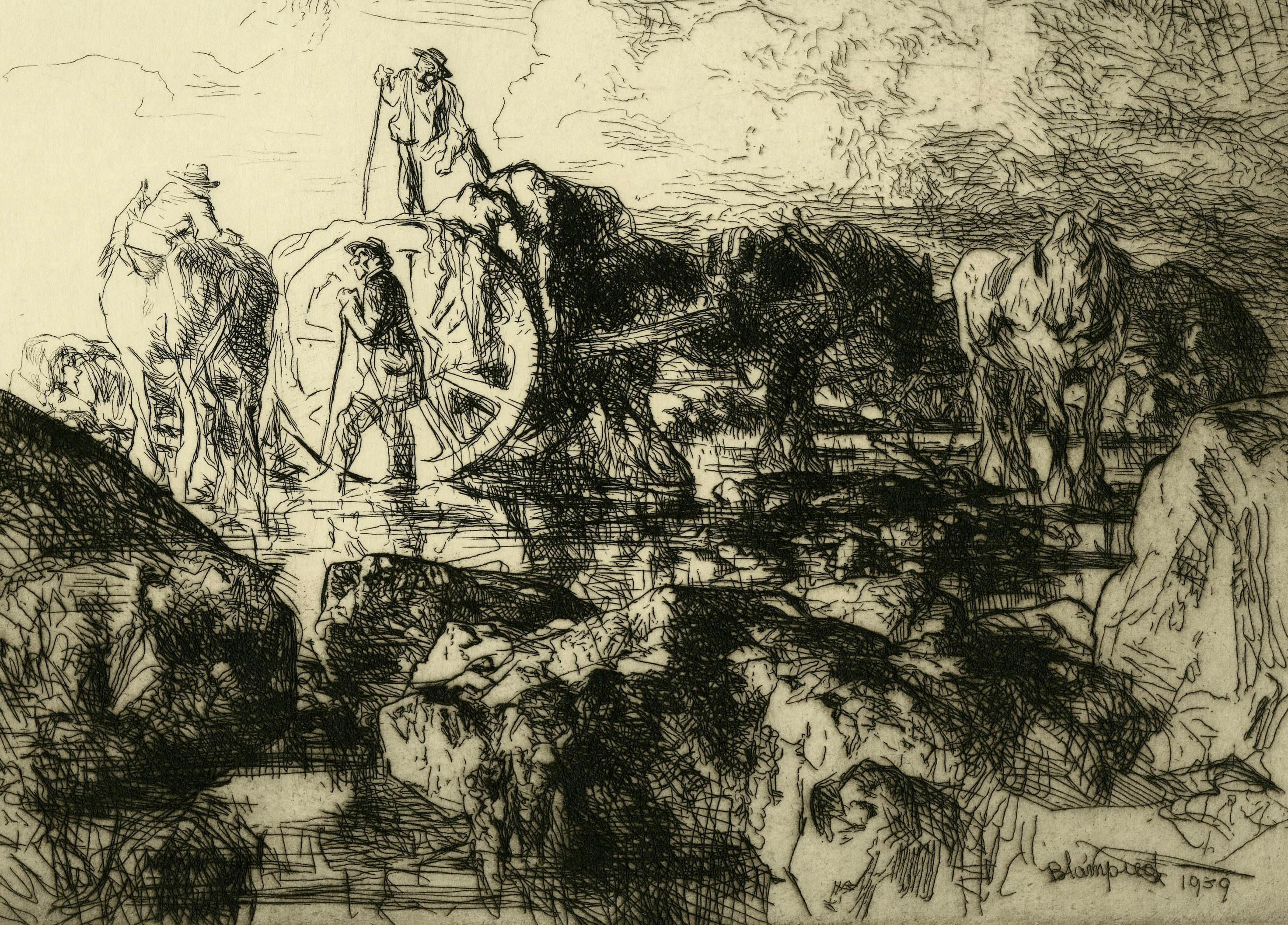 A Jersey Vraic Cart - Beige Animal Print by Edmund Blampied