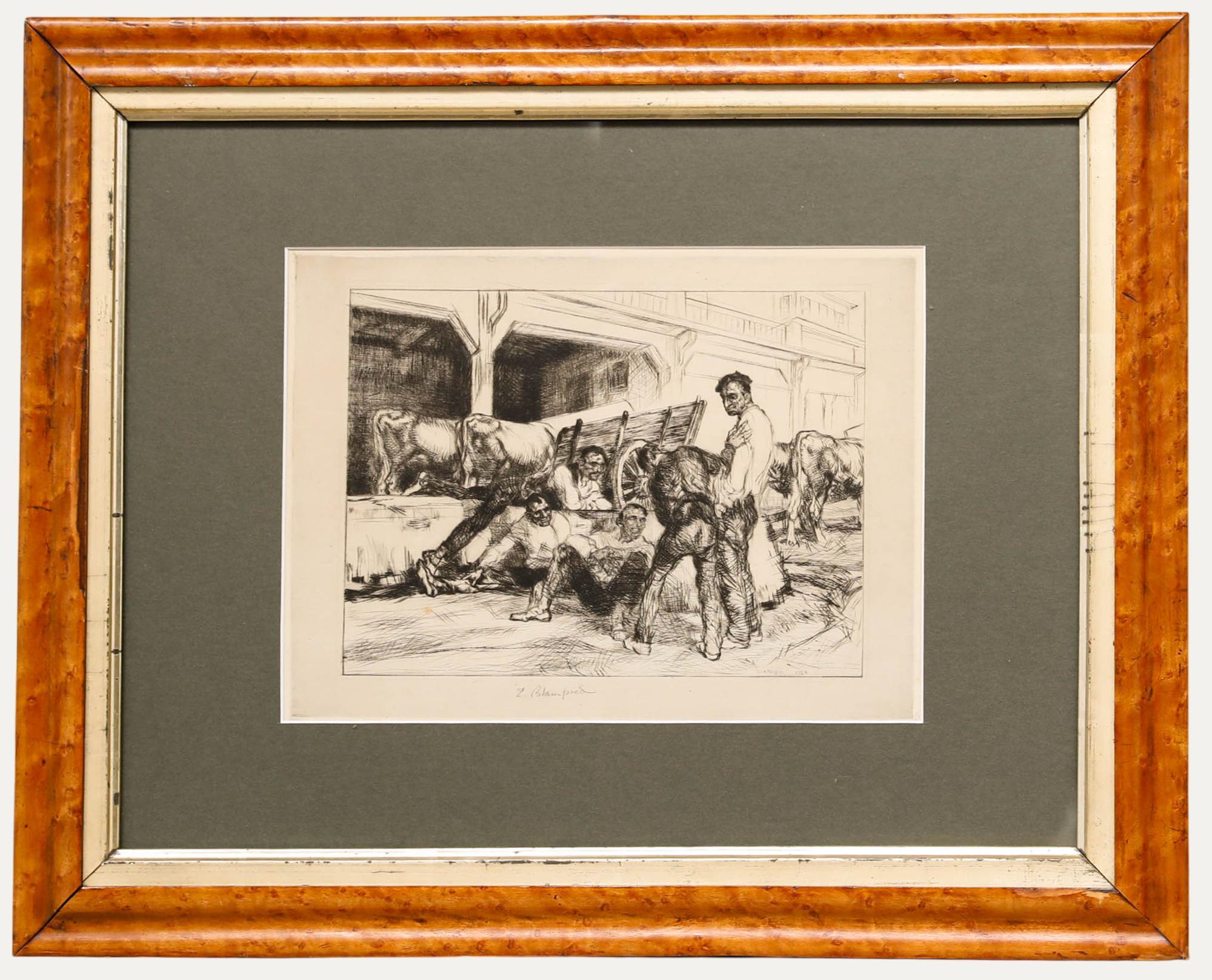 An original early twentieth-century etching of farm workers in San Sebastian by Edmund Blampied (1886-1966). Well presented in a wooden frame with a gilt-effect slip and dark green mount. Signed and dated within the plate, and signed in pencil to