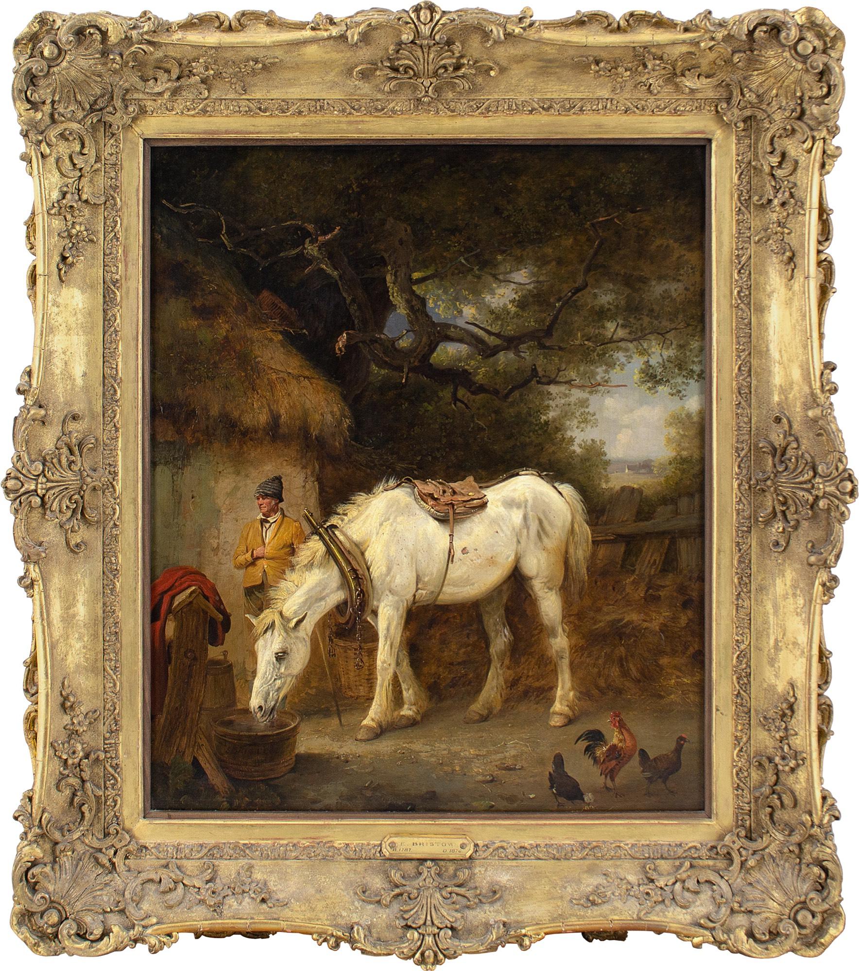 This fine mid-19th-century oil painting by British artist Edmund Bristow (1787-1876) depicts a farmhouse with a saddled white mare taking water while a cockerel looks on. An older man stands alongside, under the eaves of a thatched roof.

Edmund