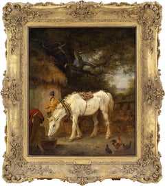 Antique Edmund Bristow, Farmyard With White Mare, Oil Painting