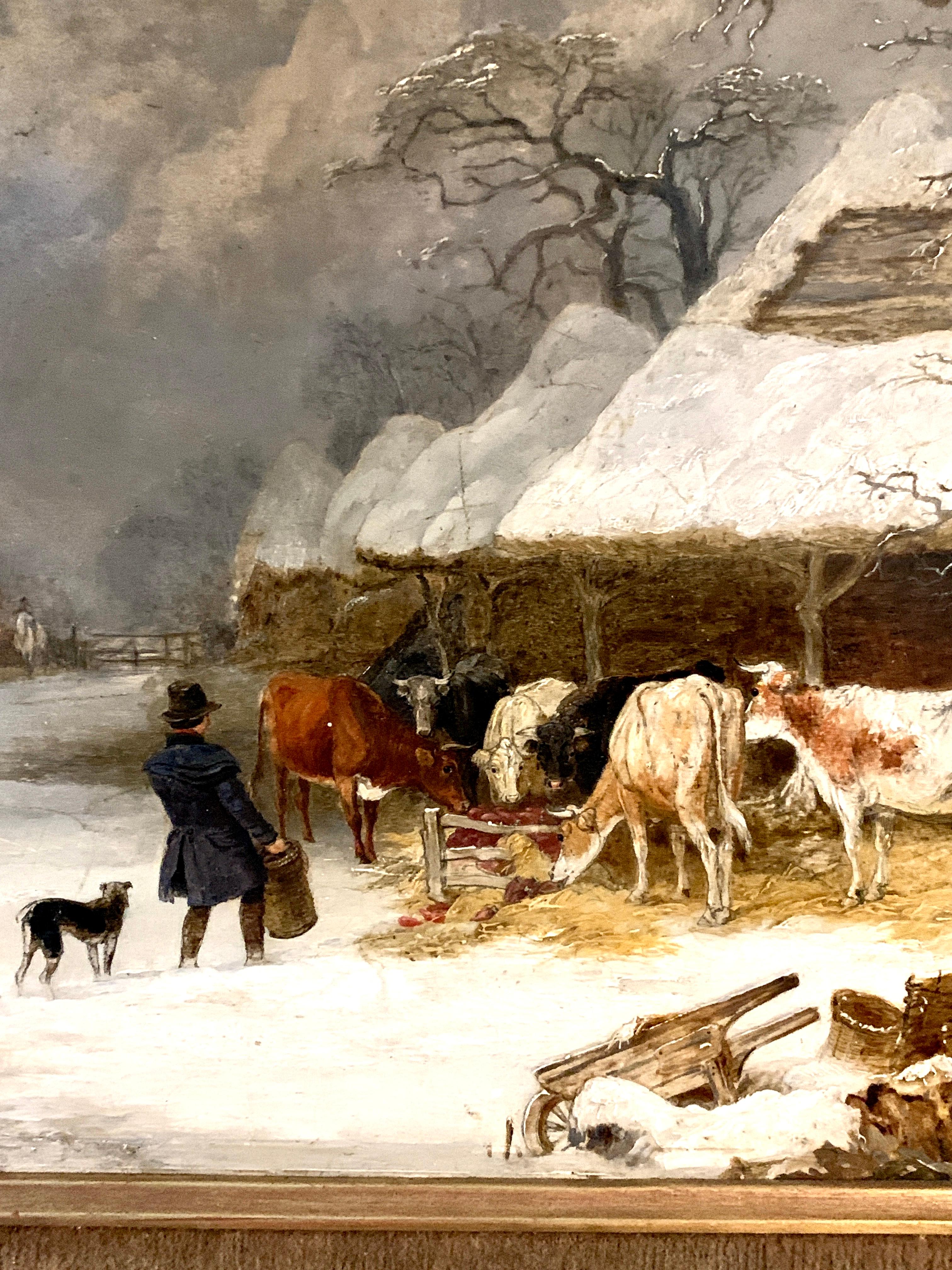 English 19th century landscape in oils of a man feeding the cows in the snow - Painting by Edmund Bristow